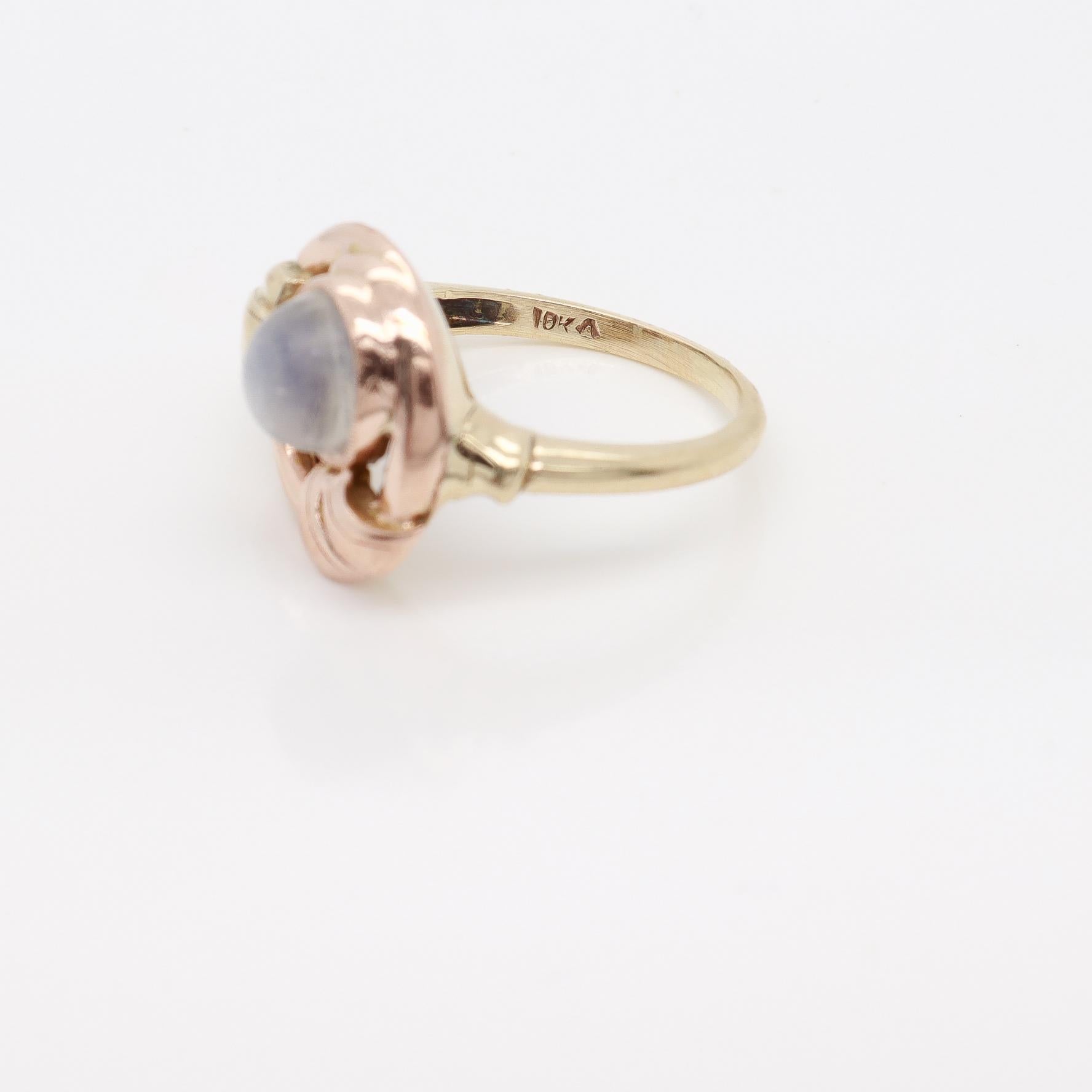 Antique Art Deco 10k Rose & Yellow Gold Buckle Ring with a Moonstone Cabochon For Sale 13