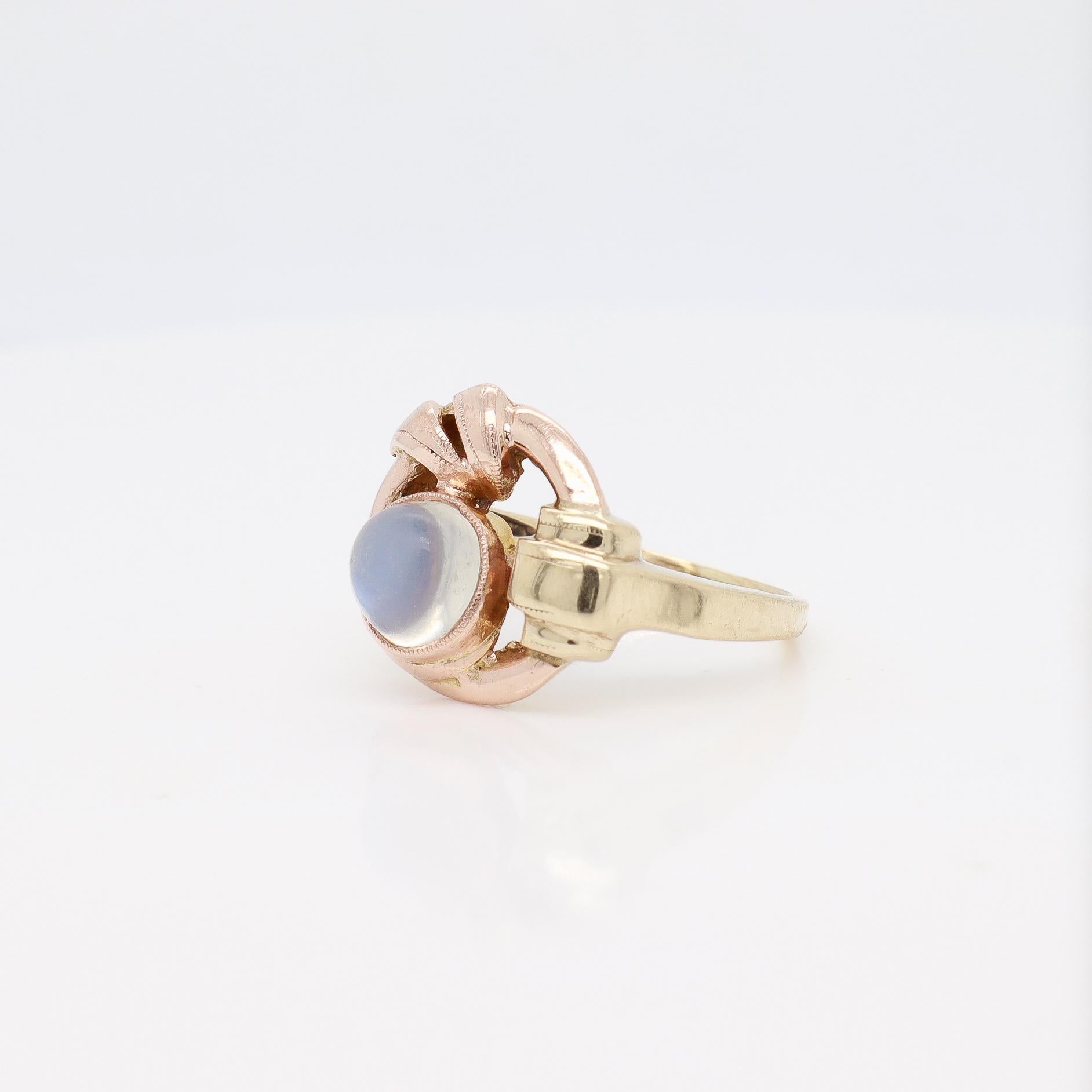 Antique Art Deco 10k Rose & Yellow Gold Buckle Ring with a Moonstone Cabochon For Sale 1