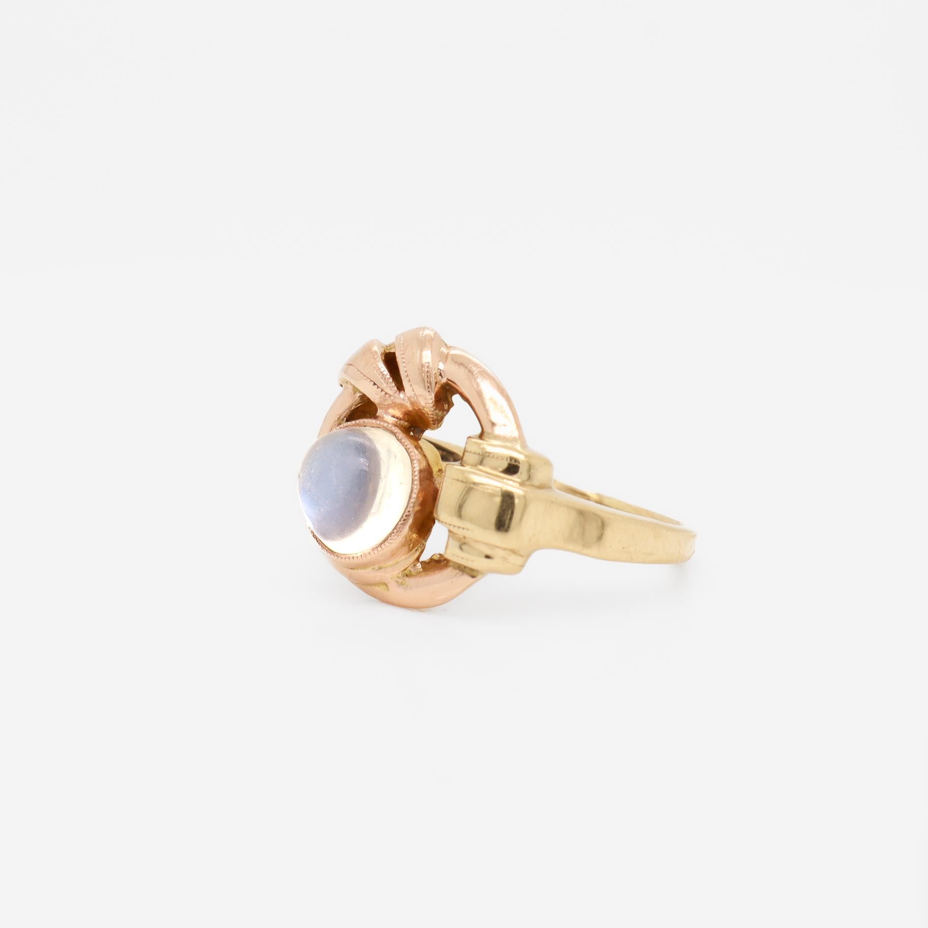Antique Art Deco 10k Rose & Yellow Gold Buckle Ring with a Moonstone Cabochon For Sale 2