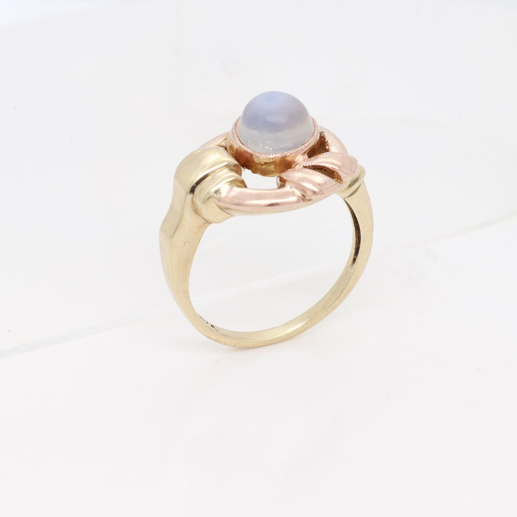 Antique Art Deco 10k Rose & Yellow Gold Buckle Ring with a Moonstone Cabochon For Sale 3