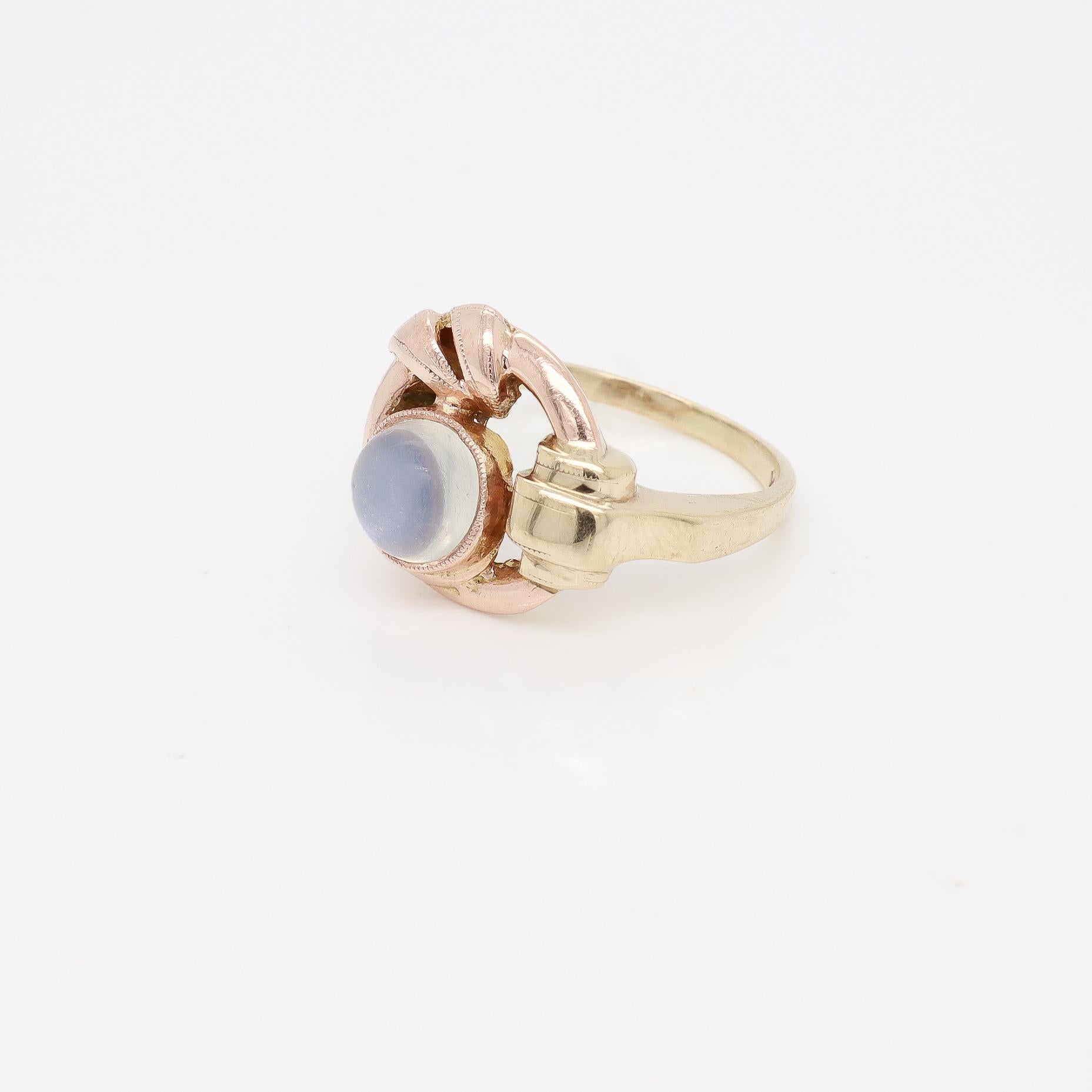Antique Art Deco 10k Rose & Yellow Gold Buckle Ring with a Moonstone Cabochon For Sale 4