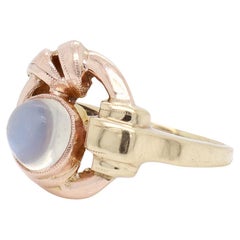 Antique Art Deco 10k Rose & Yellow Gold Buckle Ring with a Moonstone Cabochon