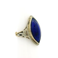 Antique Art Deco 10k Solid Gold Marquise Lapis Lazuli Hand Etched Ring