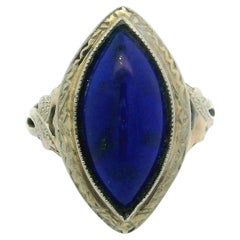 Antique Art Deco 10k Solid Gold Marquise Lapis Lazuli Hand Etched Ring