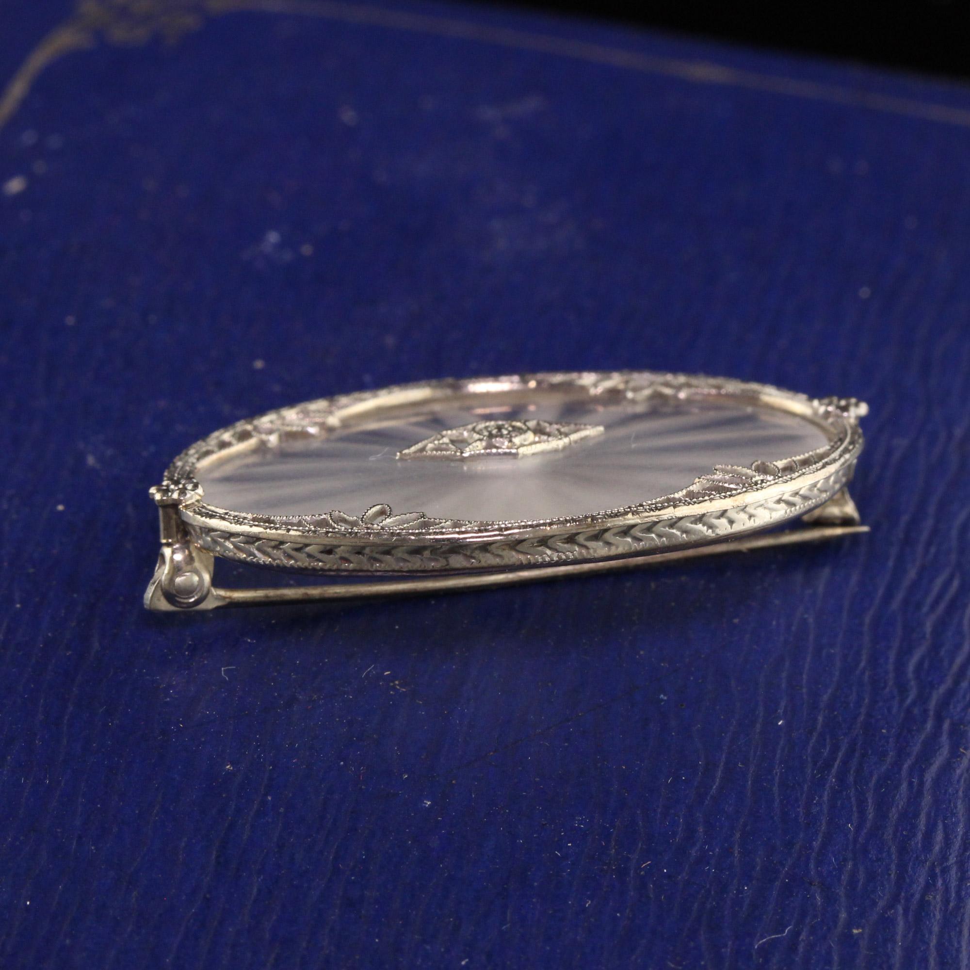 Antique Art Deco 10K White Gold Camphor Glass Engraved Pin In Good Condition In Great Neck, NY