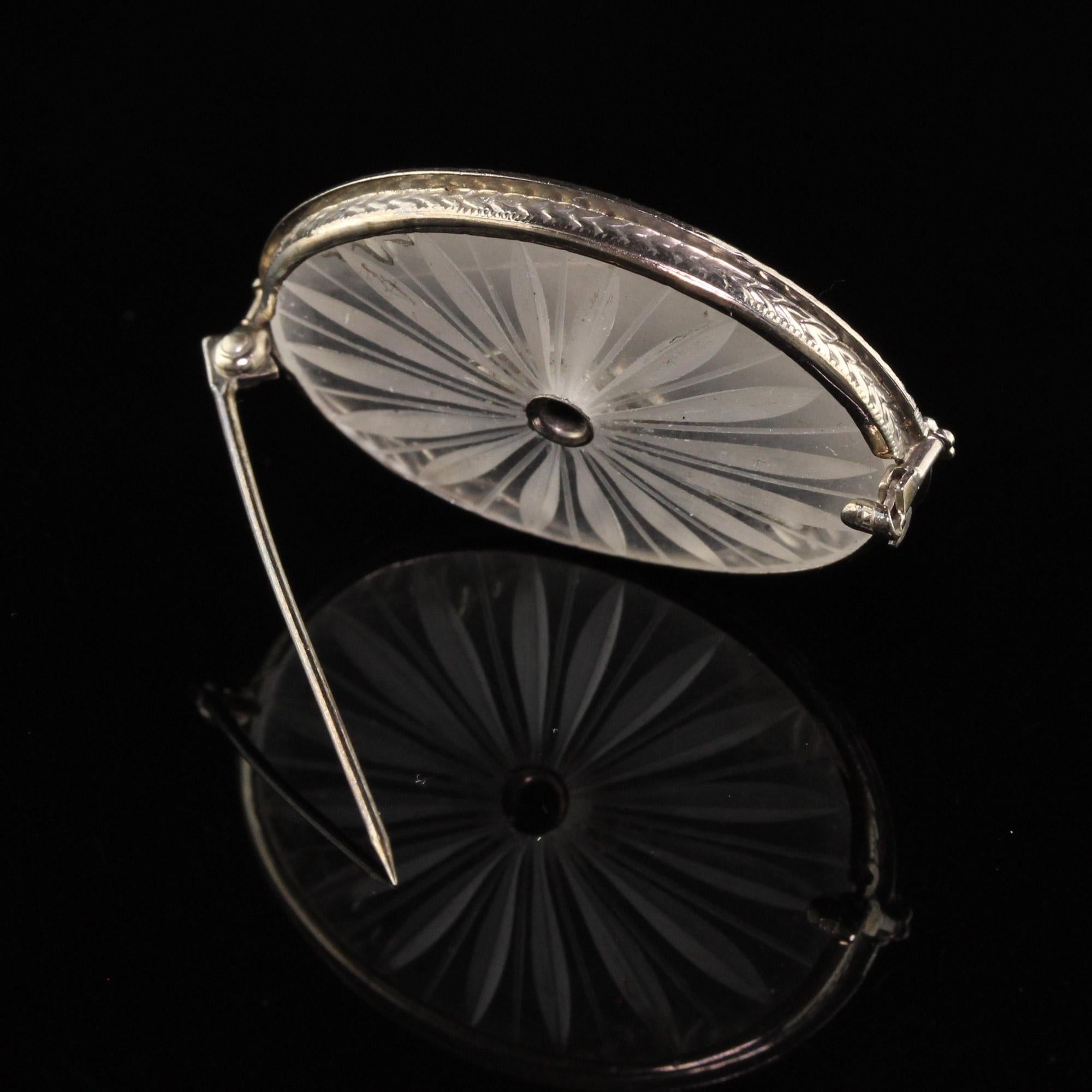 Antique Art Deco 10K White Gold Camphor Glass Engraved Pin 2