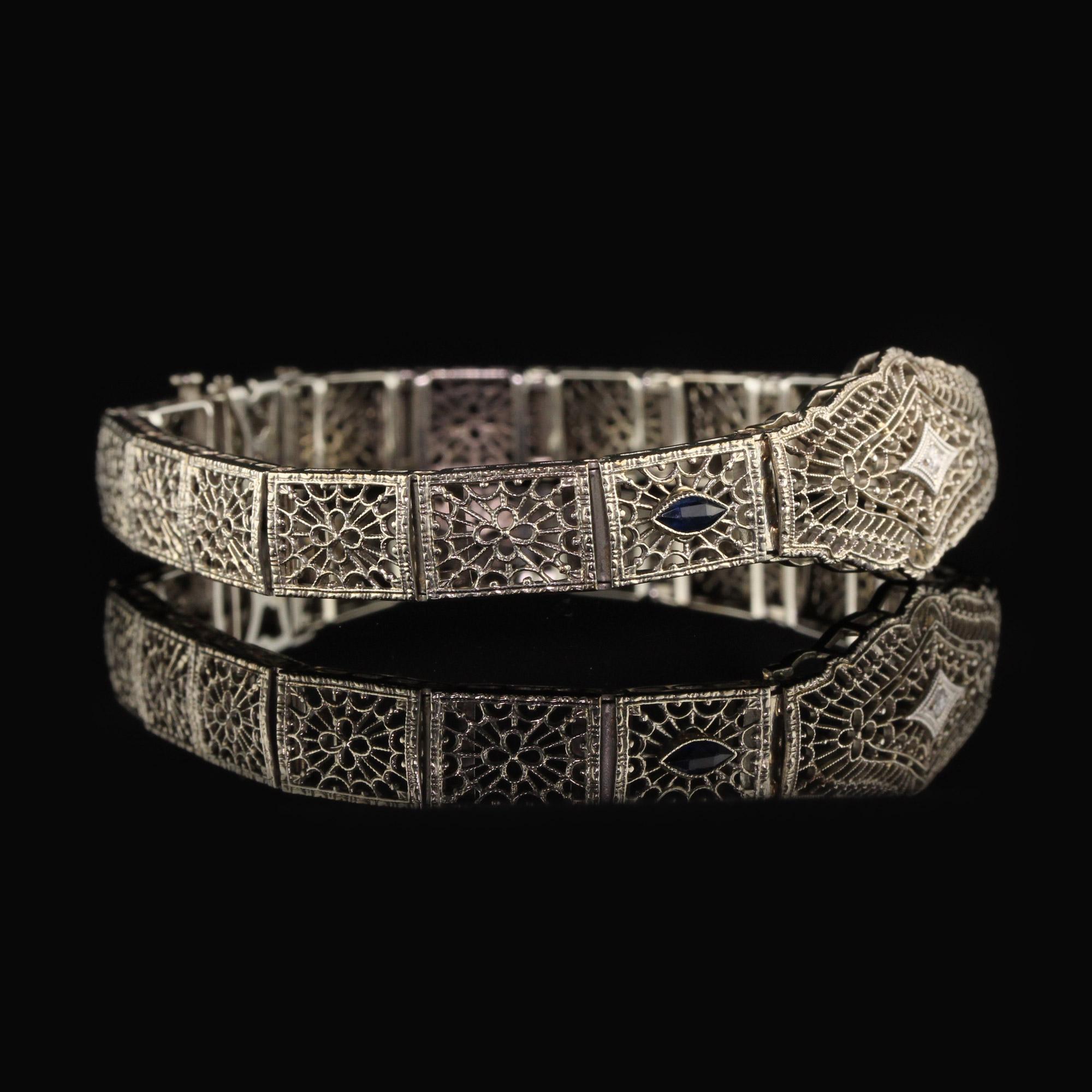 Antique Art Deco 10 Karat White Gold Diamond and Sapphire Filigree Bracelet In Excellent Condition In Great Neck, NY