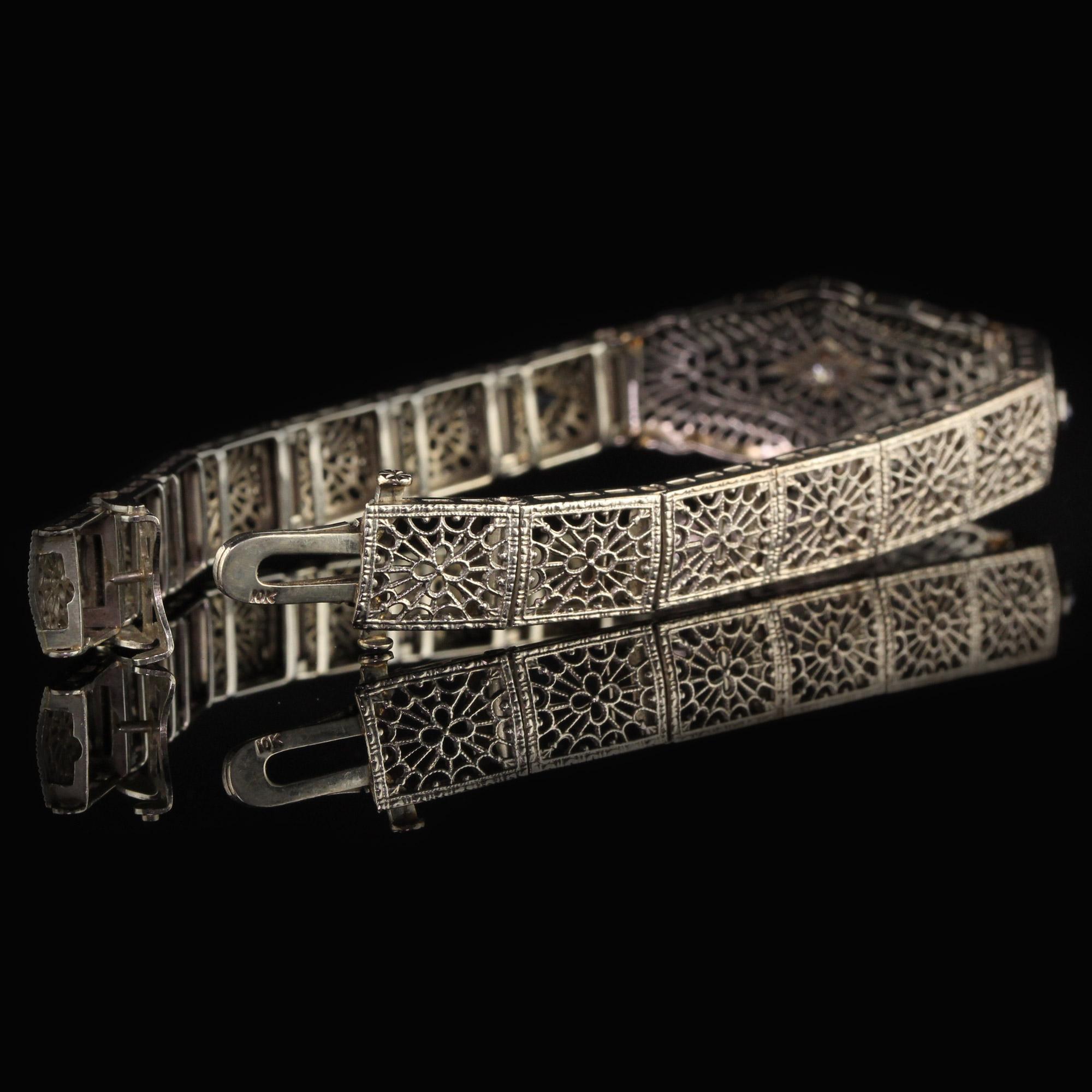 Women's Antique Art Deco 10 Karat White Gold Diamond and Sapphire Filigree Bracelet