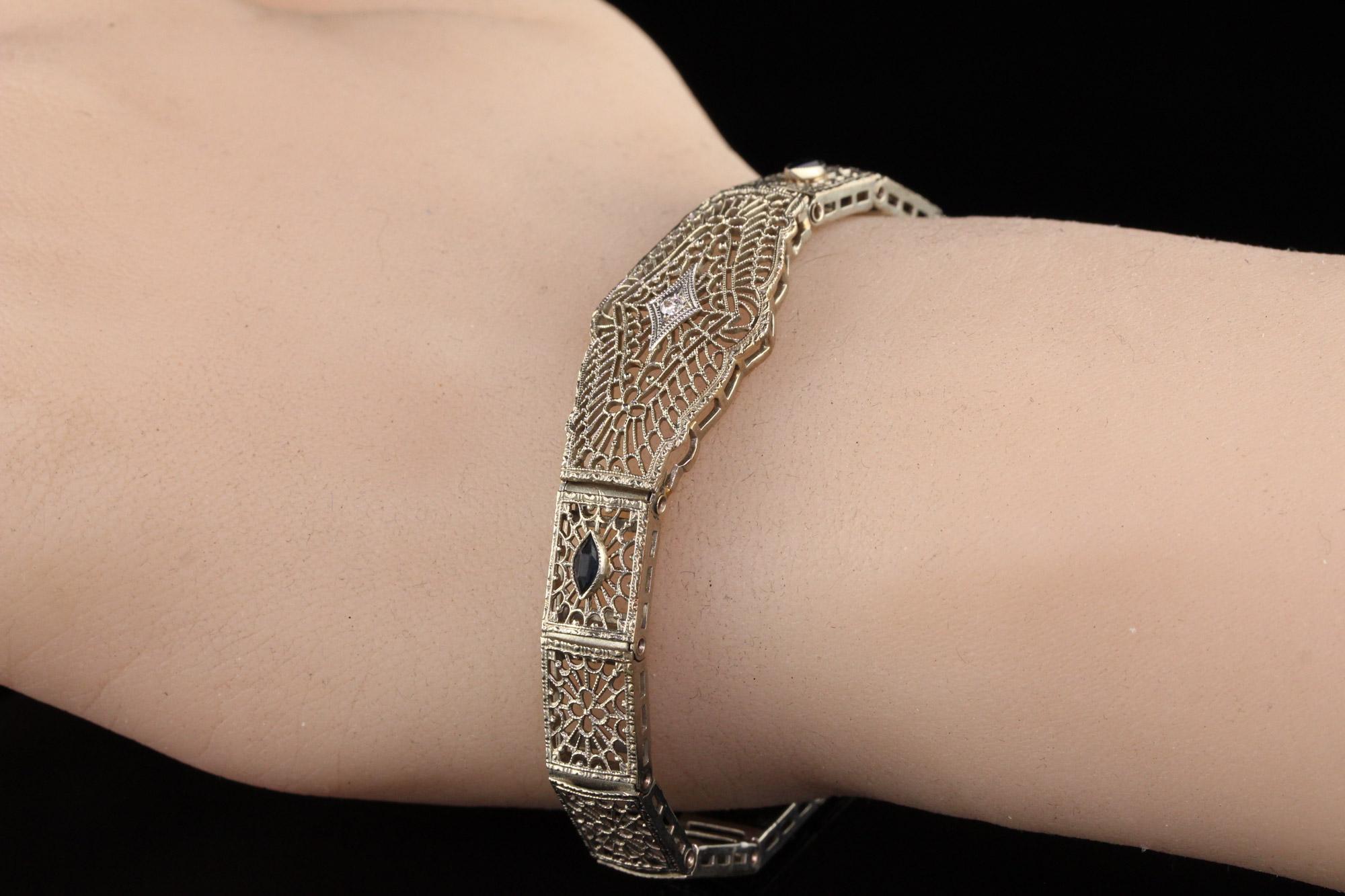 Antique Art Deco 10 Karat White Gold Diamond and Sapphire Filigree Bracelet 1
