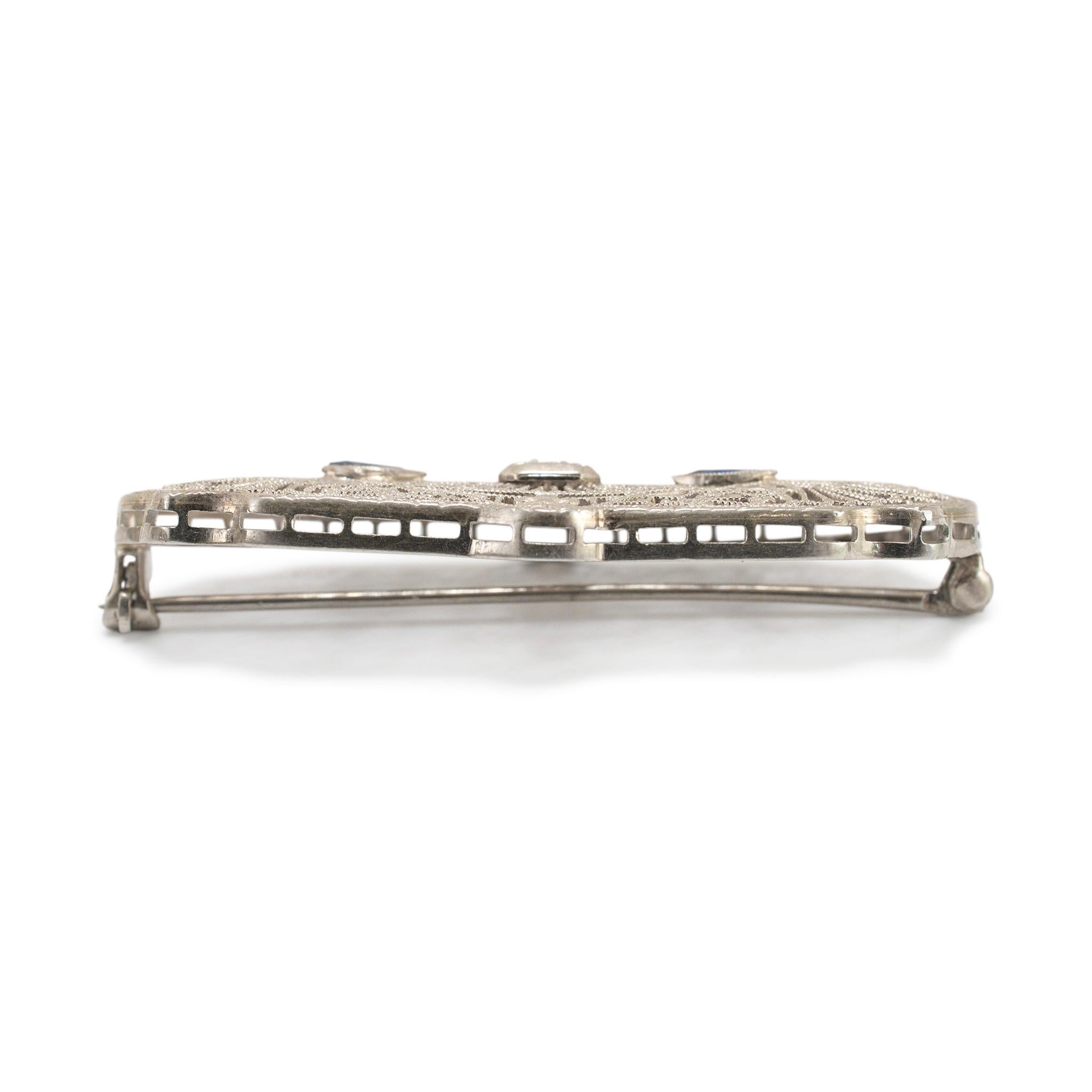 Single Cut Antique Art Deco 10K White Gold Filigreed Diamond & Sapphire Brooch For Sale