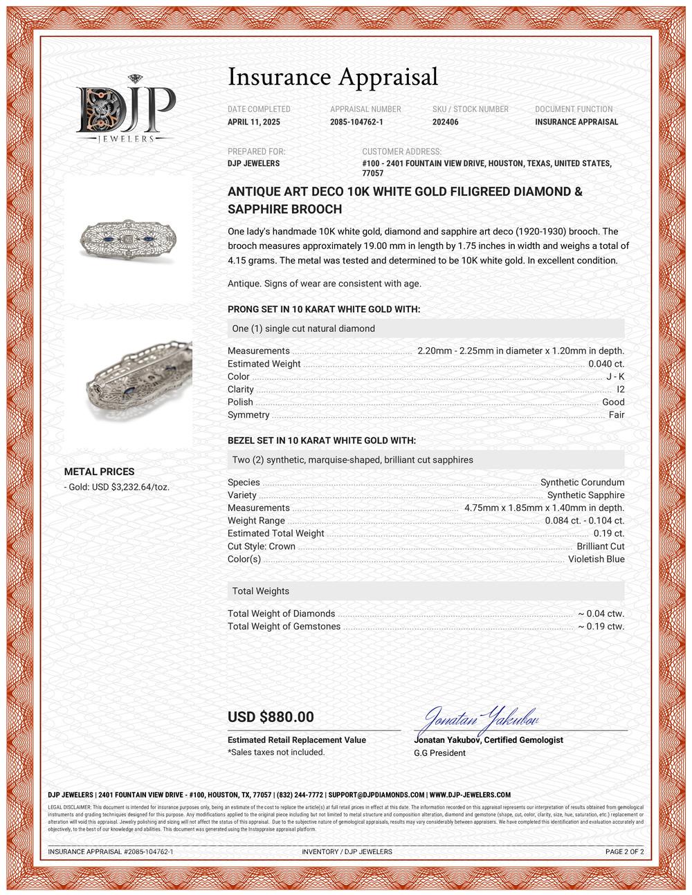 Antike Art-Déco-Brosche aus 10 Karat Weißgold mit filigranen Diamanten und Saphiren im Angebot 2