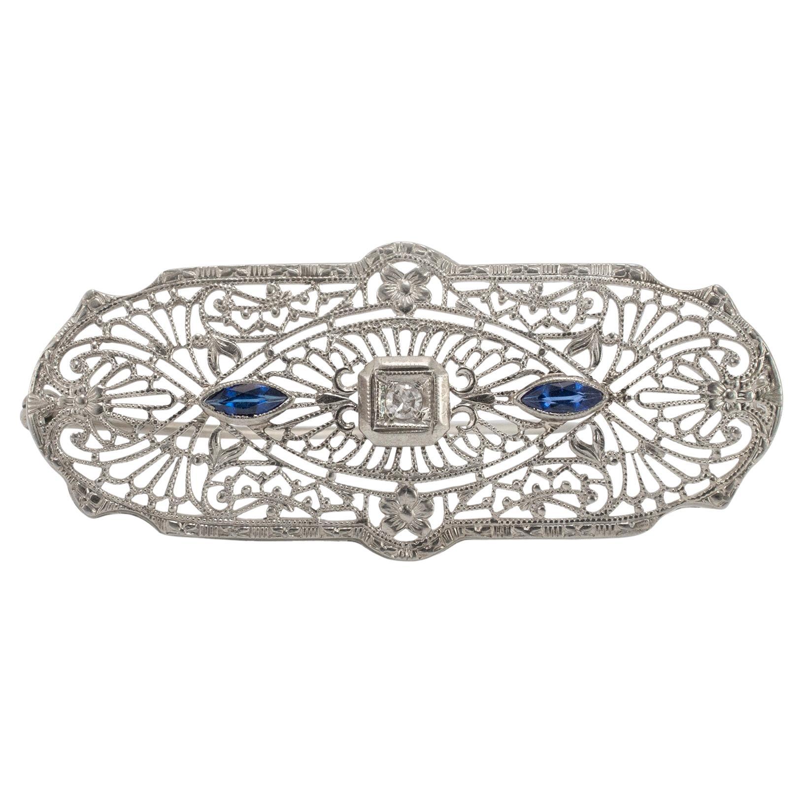 Antique Art Deco 10K White Gold Filigreed Diamond & Sapphire Brooch