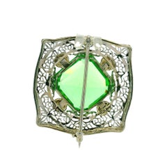 Antique Art Deco 10k White Gold Lab Grown Green Stone Filigree Brooch Pin