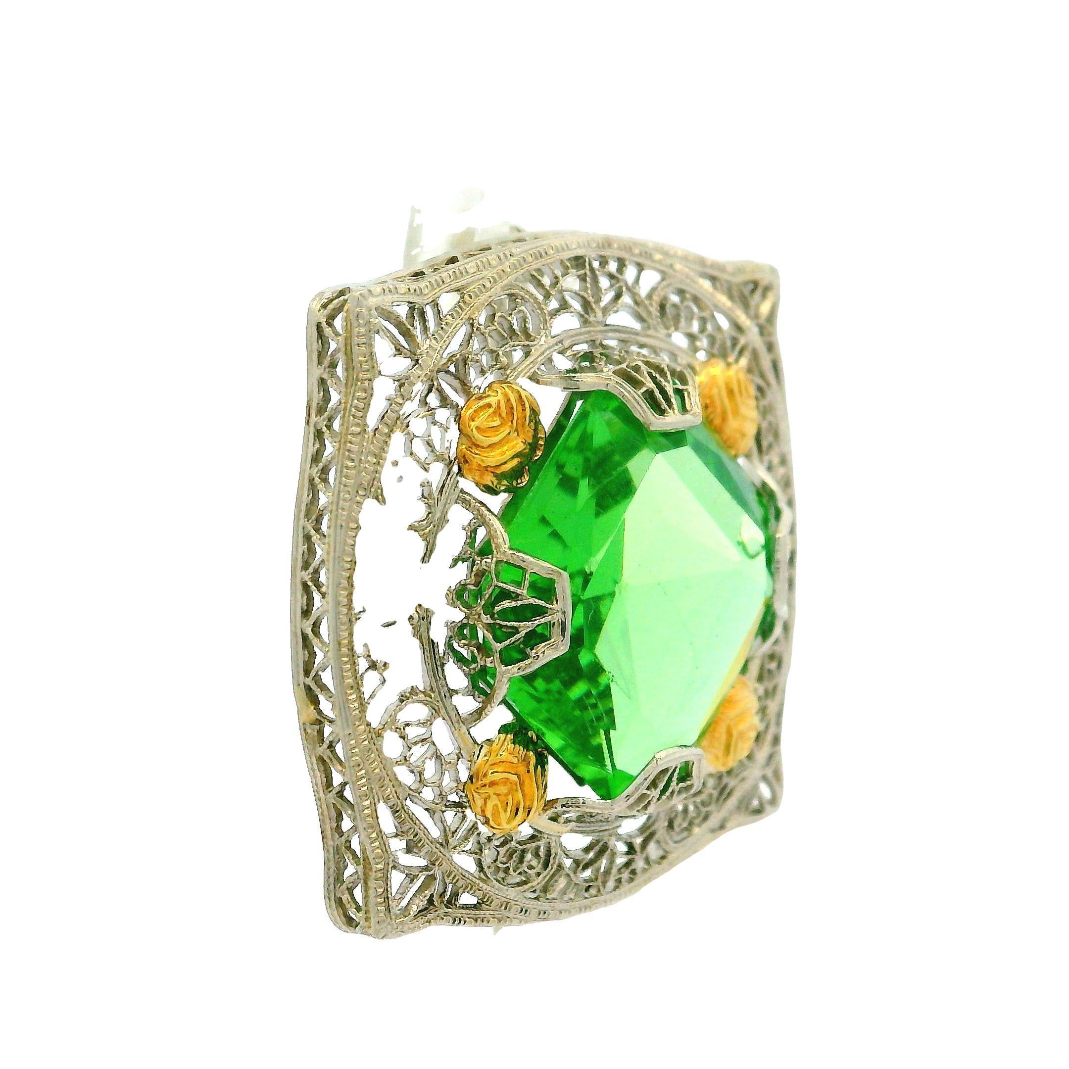 Antique Art Deco 10k White Gold Lab Grown Green Stone Filigree Brooch Pin In Excellent Condition For Sale In Montclair, NJ