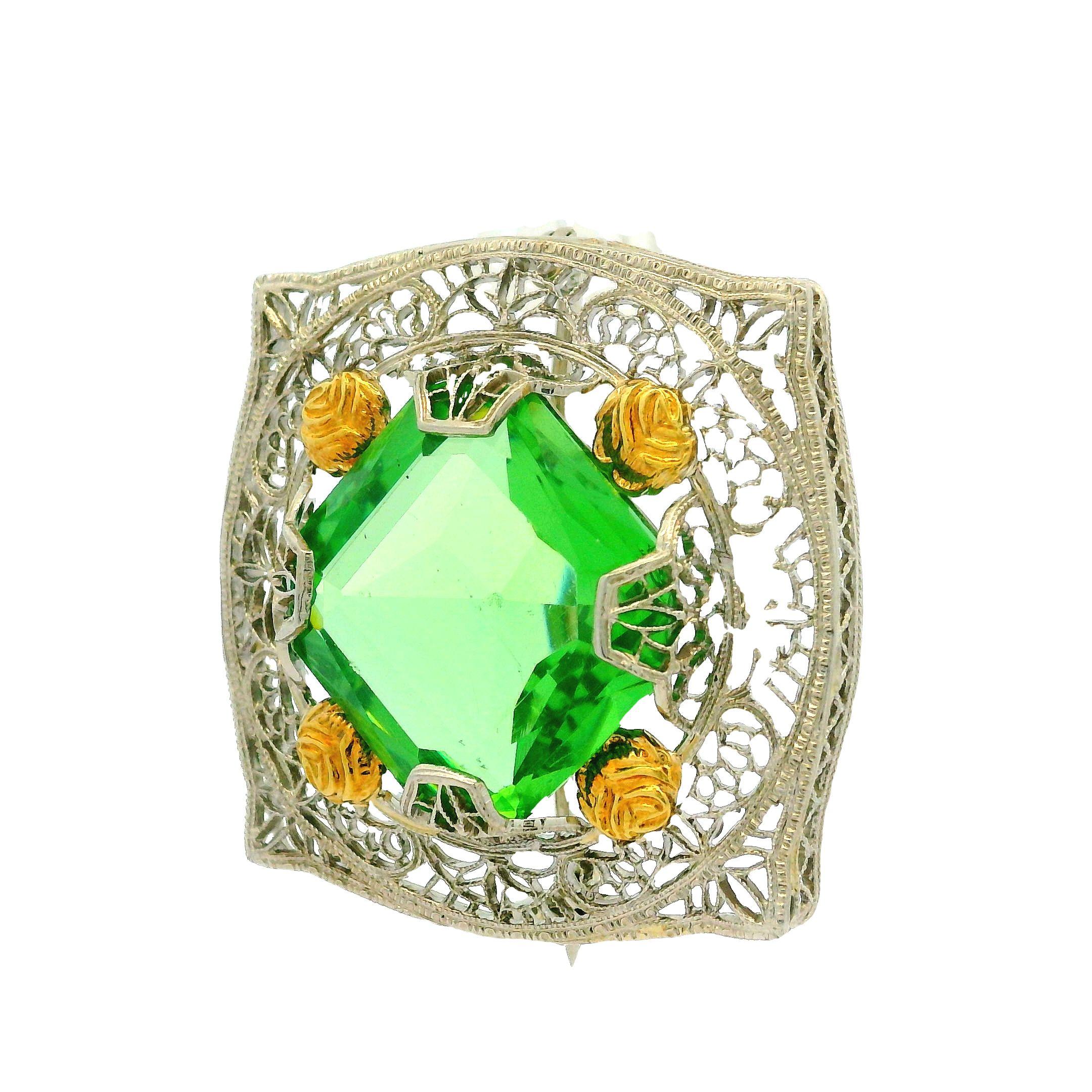 Women's Antique Art Deco 10k White Gold Lab Grown Green Stone Filigree Brooch Pin For Sale