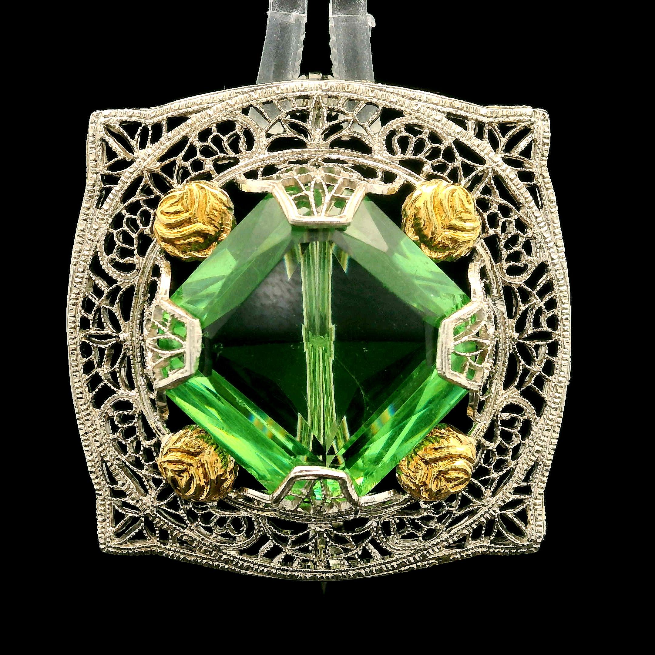Antique Art Deco 10k White Gold Lab Grown Green Stone Filigree Brooch Pin For Sale 1