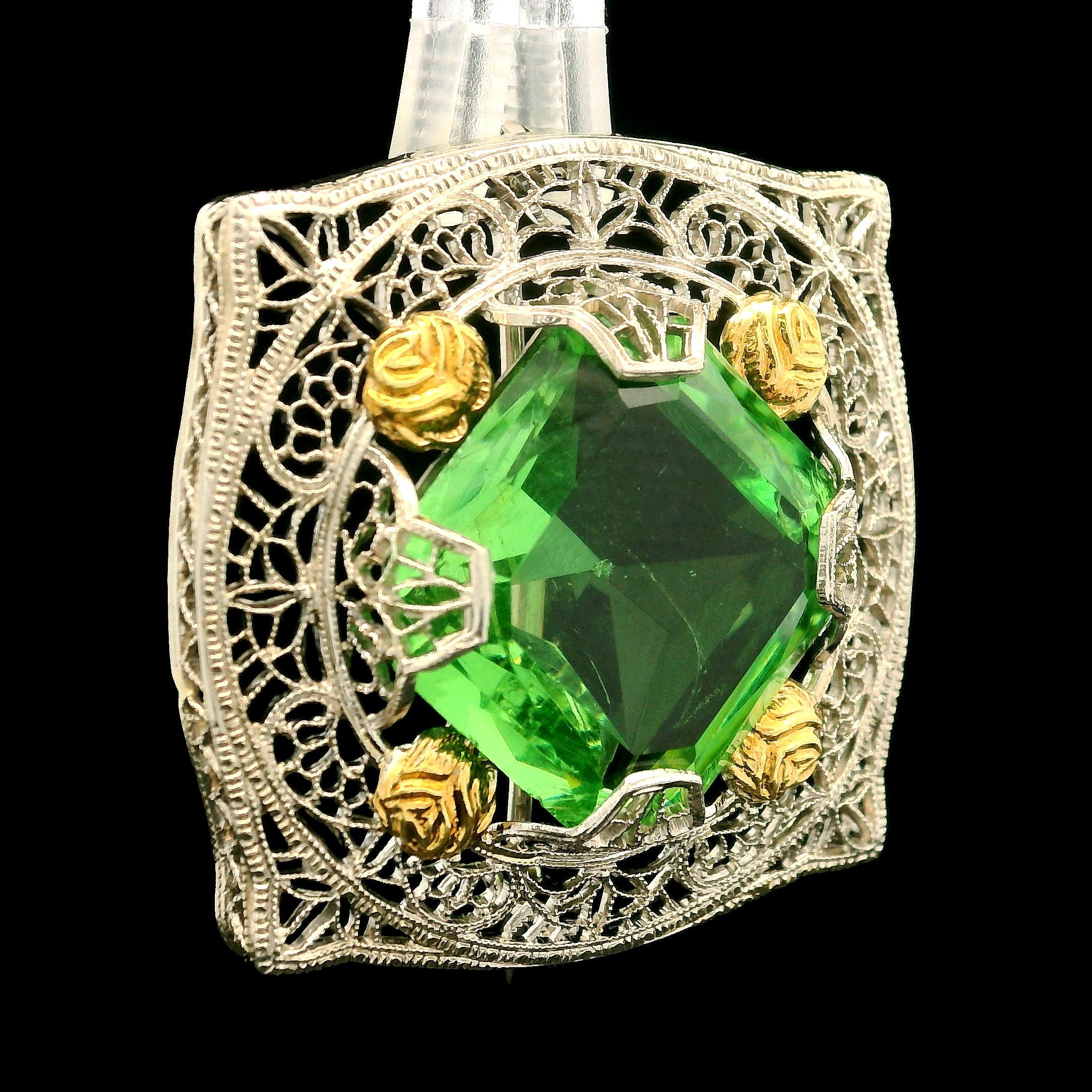 Antique Art Deco 10k White Gold Lab Grown Green Stone Filigree Brooch Pin For Sale 2