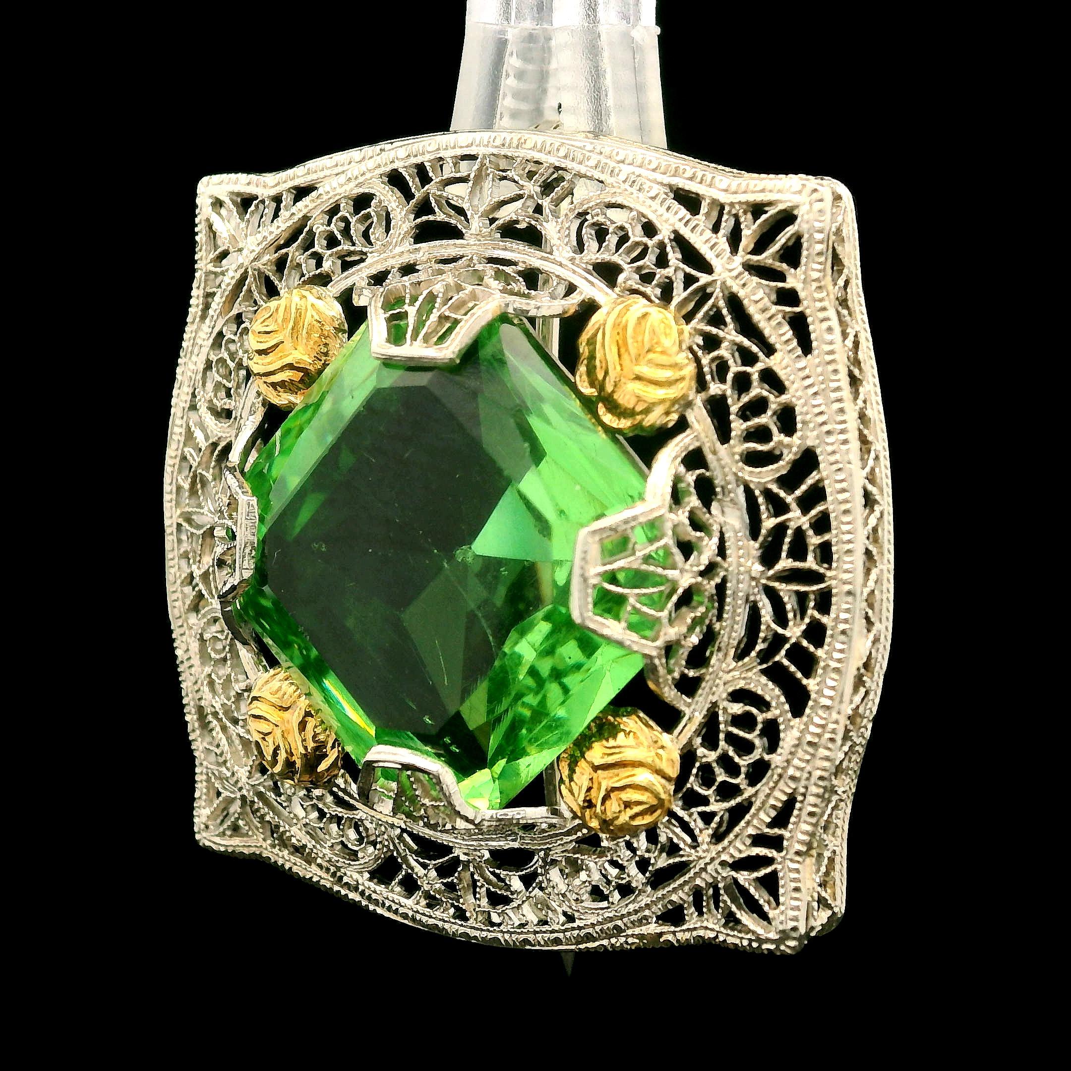 Antique Art Deco 10k White Gold Lab Grown Green Stone Filigree Brooch Pin For Sale 3