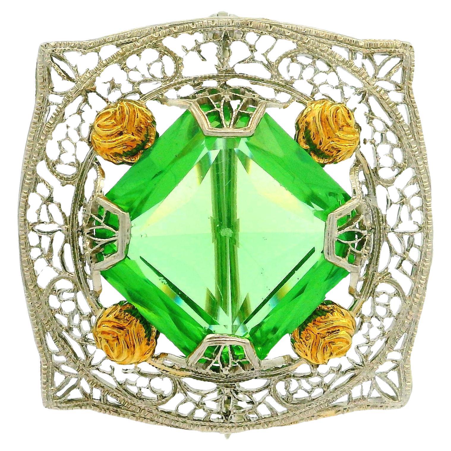 Antique Art Deco 10k White Gold Lab Grown Green Stone Filigree Brooch Pin For Sale