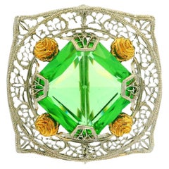 Antique Art Deco 10k White Gold Lab Grown Green Stone Filigree Brooch Pin