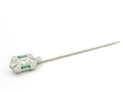Antique Art Deco 10k White Gold & Platinum Diamond and Green Glass Stick Pin