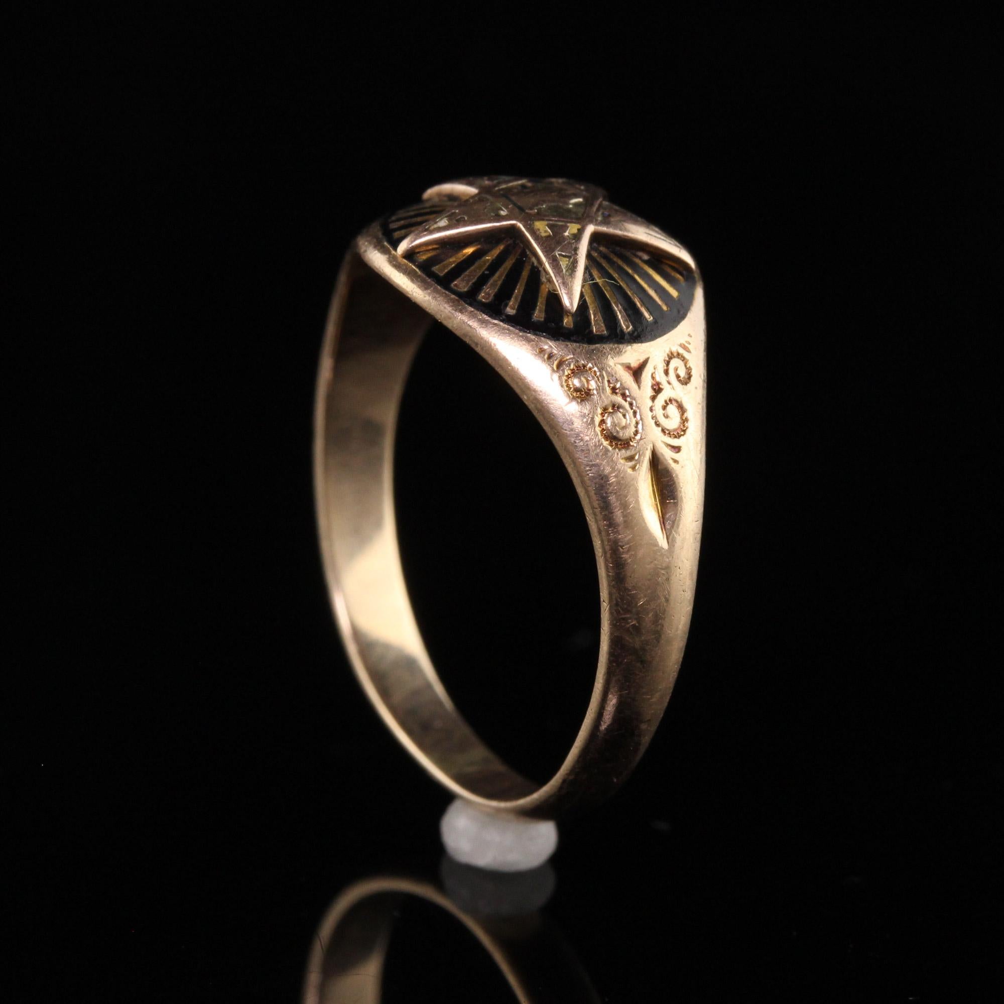 Women's Antique Art Deco 10K Yellow Gold Masonic Black Enamel Ring For Sale