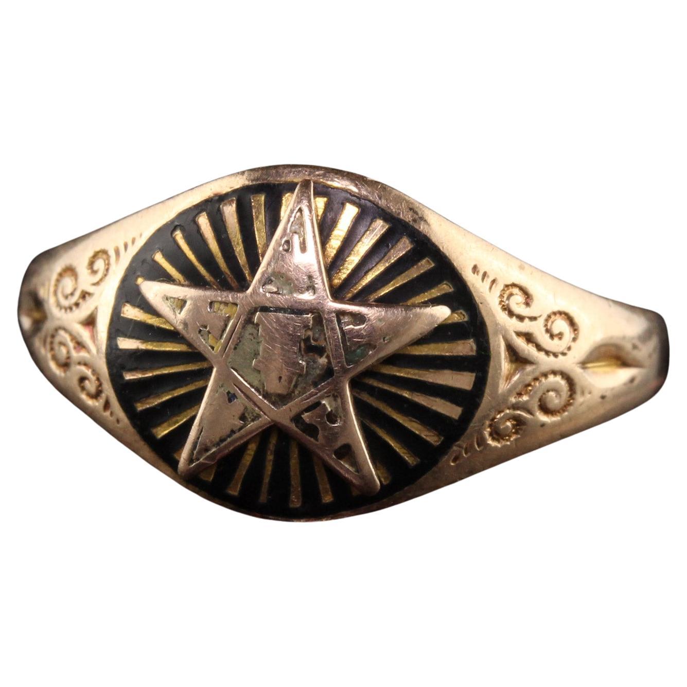 Antique Art Deco 10K Yellow Gold Masonic Black Enamel Ring For Sale