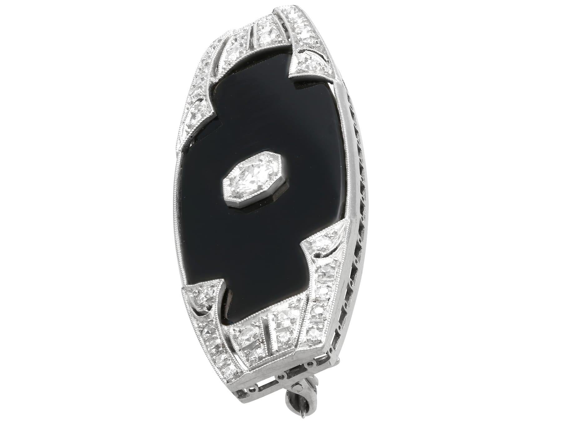 Old European Cut Antique Art Deco 11.20Ct Black Onyx and 0.91Ct Diamond, Platinum Brooch For Sale