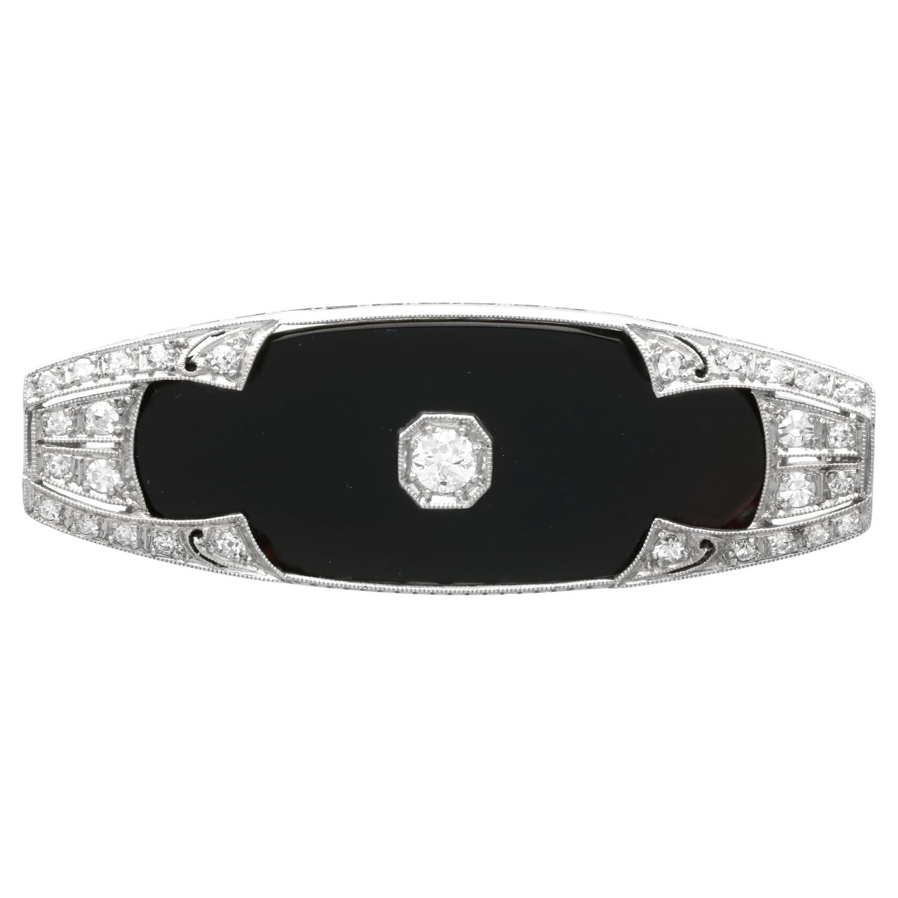 Antique Art Deco 11.20Ct Black Onyx and 0.91Ct Diamond, Platinum Brooch