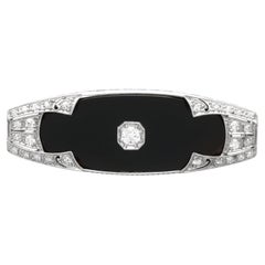 Antique Art Deco 11.20Ct Black Onyx and 0.91Ct Diamond, Platinum Brooch