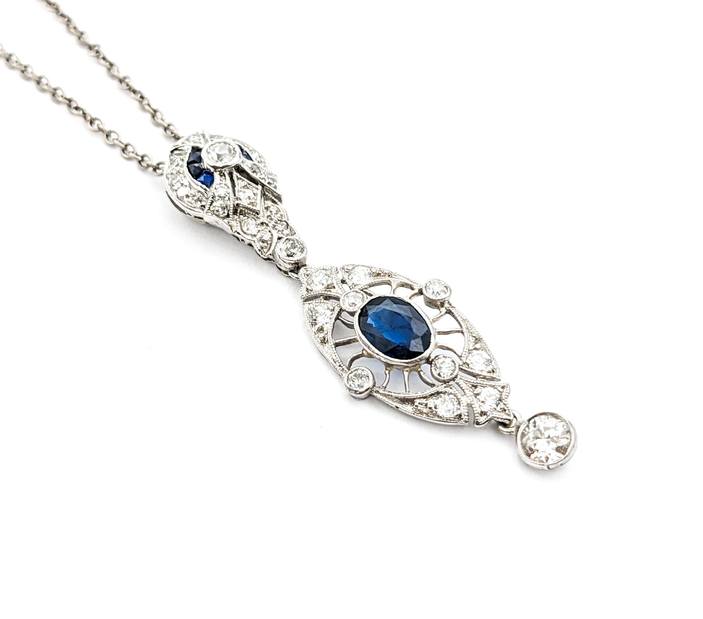 Antique Art Deco 1.15ctw Sapphire & Diamond Necklace In White Gold For Sale 5