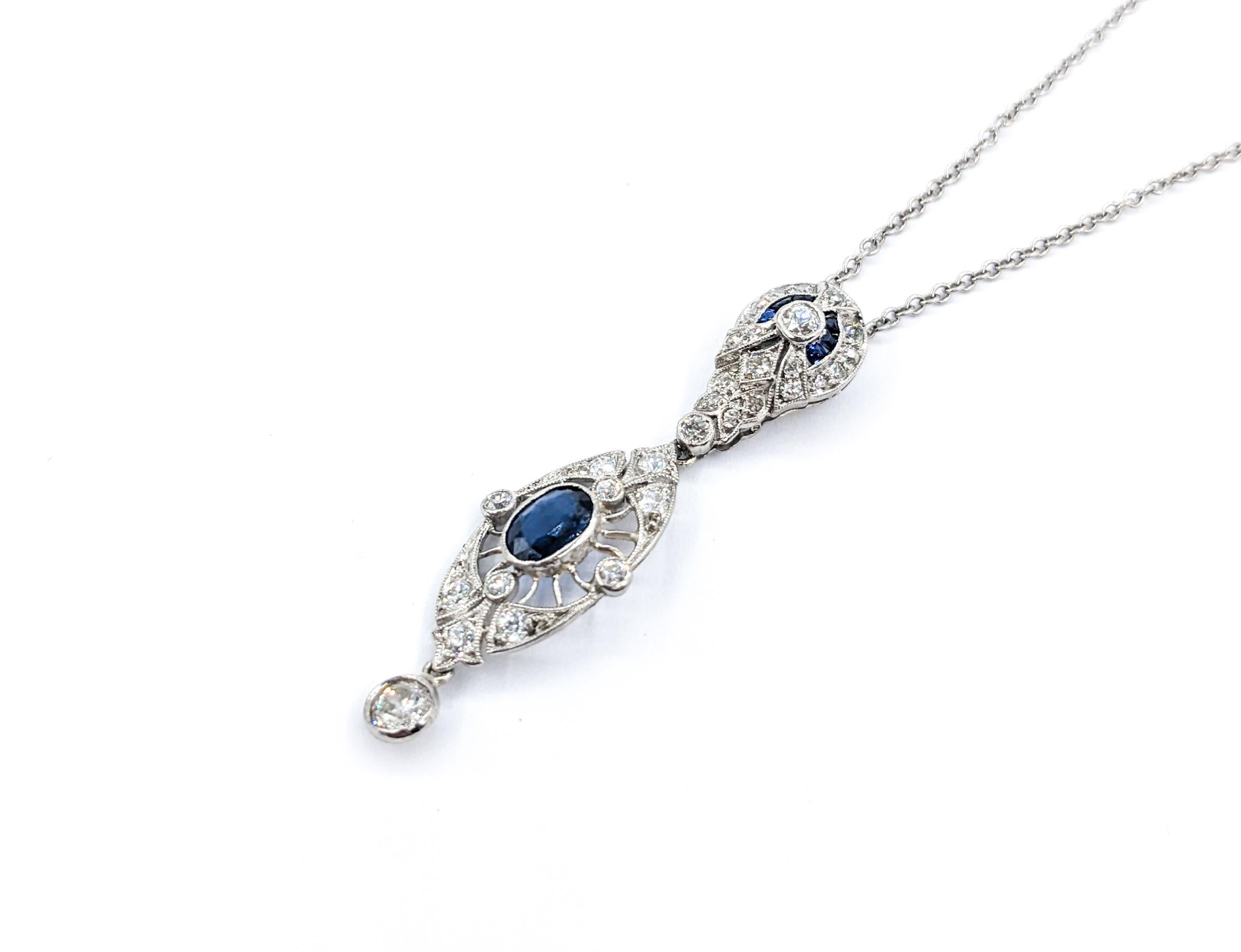Antique Art Deco 1.15ctw Sapphire & Diamond Necklace In White Gold

Introducing this exquisite Antique Art Deco Necklace, meticulously crafted in 14kt White Gold. This captivating piece showcases .76ctw of Old European Diamonds paired with Antique