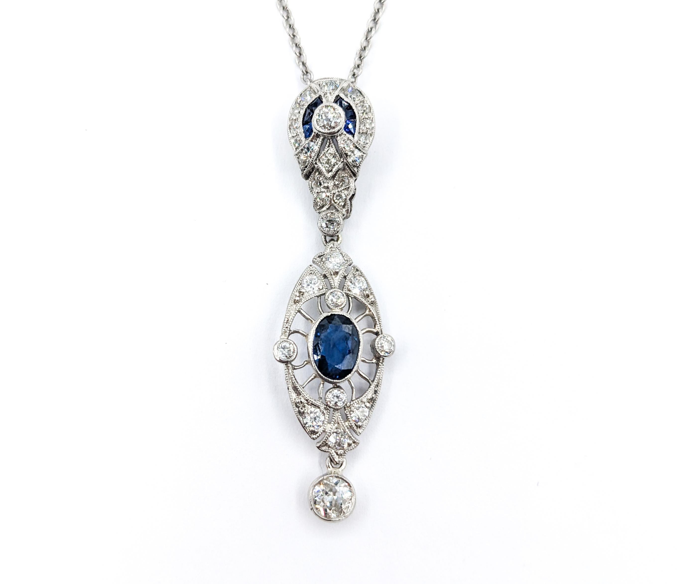 Round Cut Antique Art Deco 1.15ctw Sapphire & Diamond Necklace In White Gold For Sale