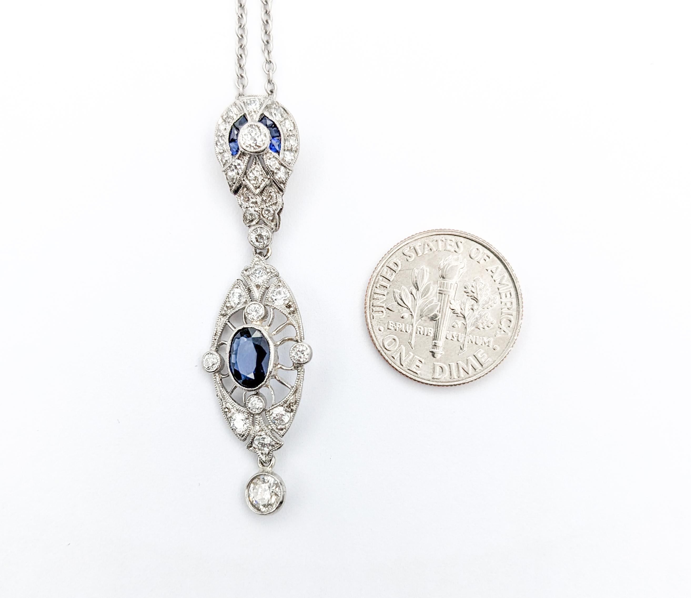 Antique Art Deco 1.15ctw Sapphire & Diamond Necklace In White Gold In Excellent Condition For Sale In Bloomington, MN