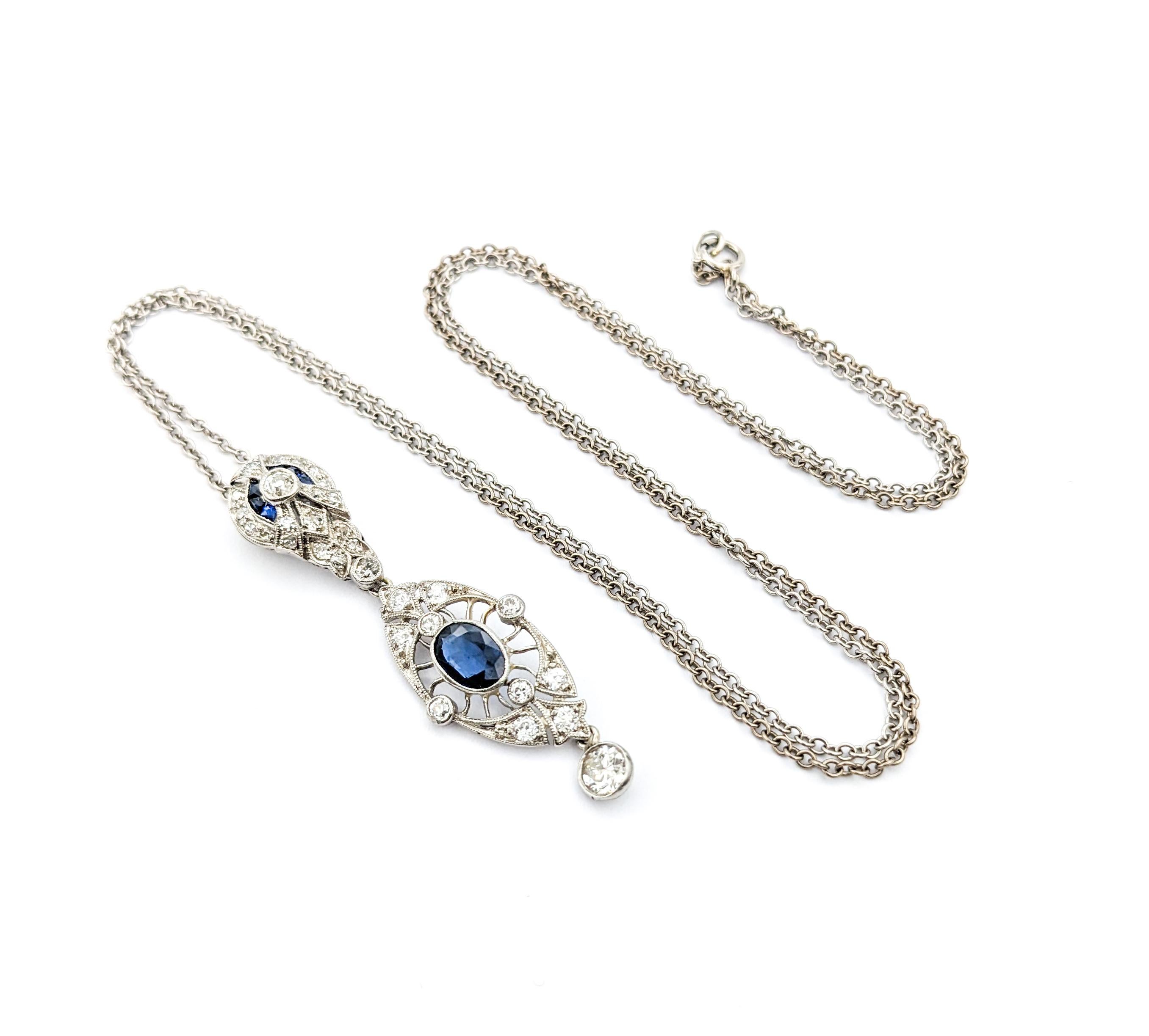 Women's Antique Art Deco 1.15ctw Sapphire & Diamond Necklace In White Gold For Sale