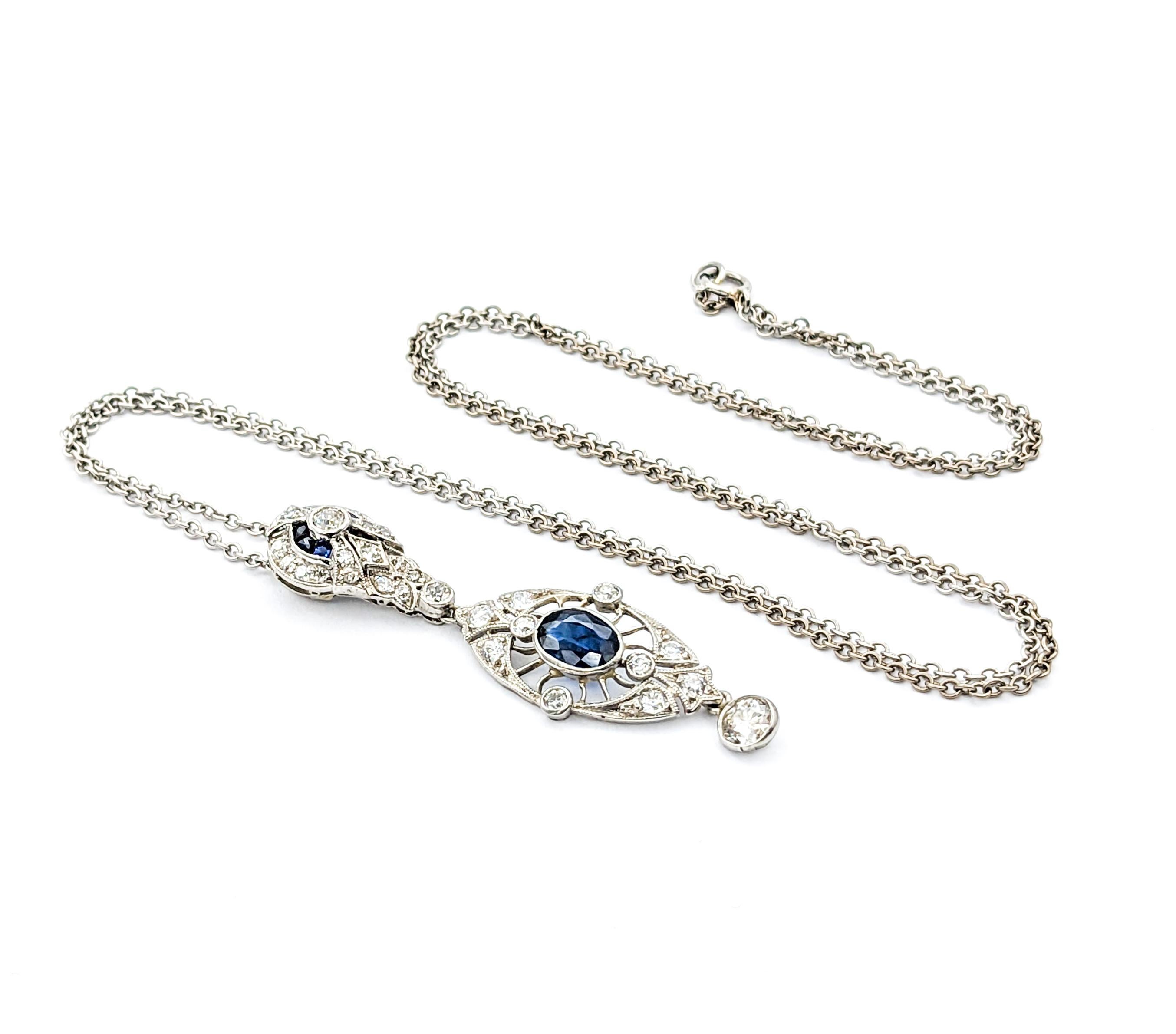 Antique Art Deco 1.15ctw Sapphire & Diamond Necklace In White Gold For Sale 1