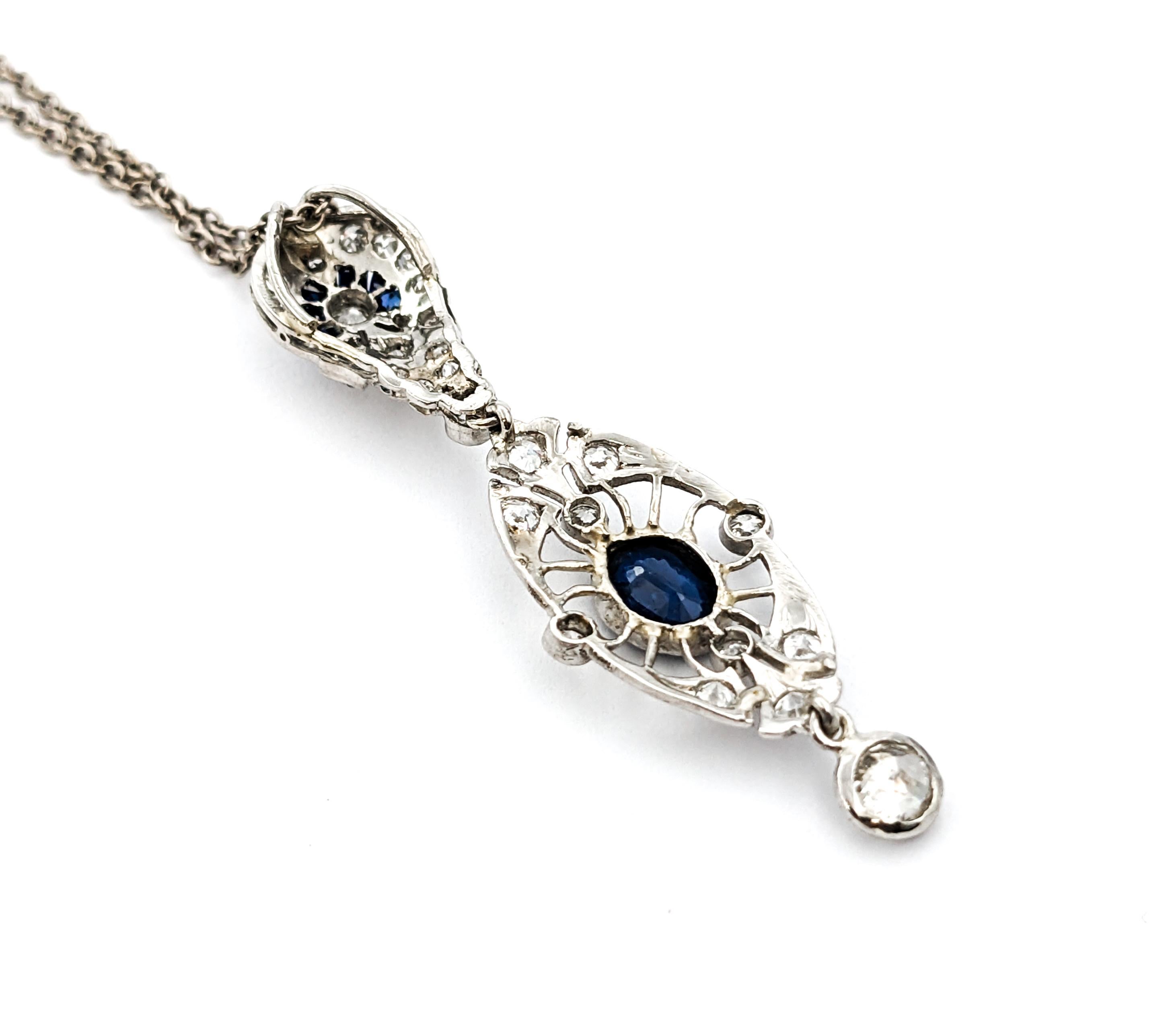 Antique Art Deco 1.15ctw Sapphire & Diamond Necklace In White Gold For Sale 2