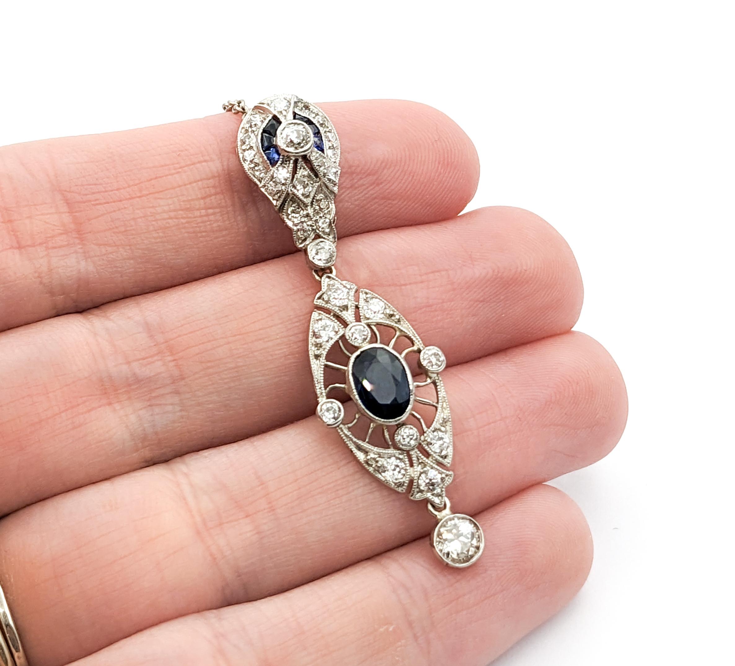 Antique Art Deco 1.15ctw Sapphire & Diamond Necklace In White Gold For Sale 3