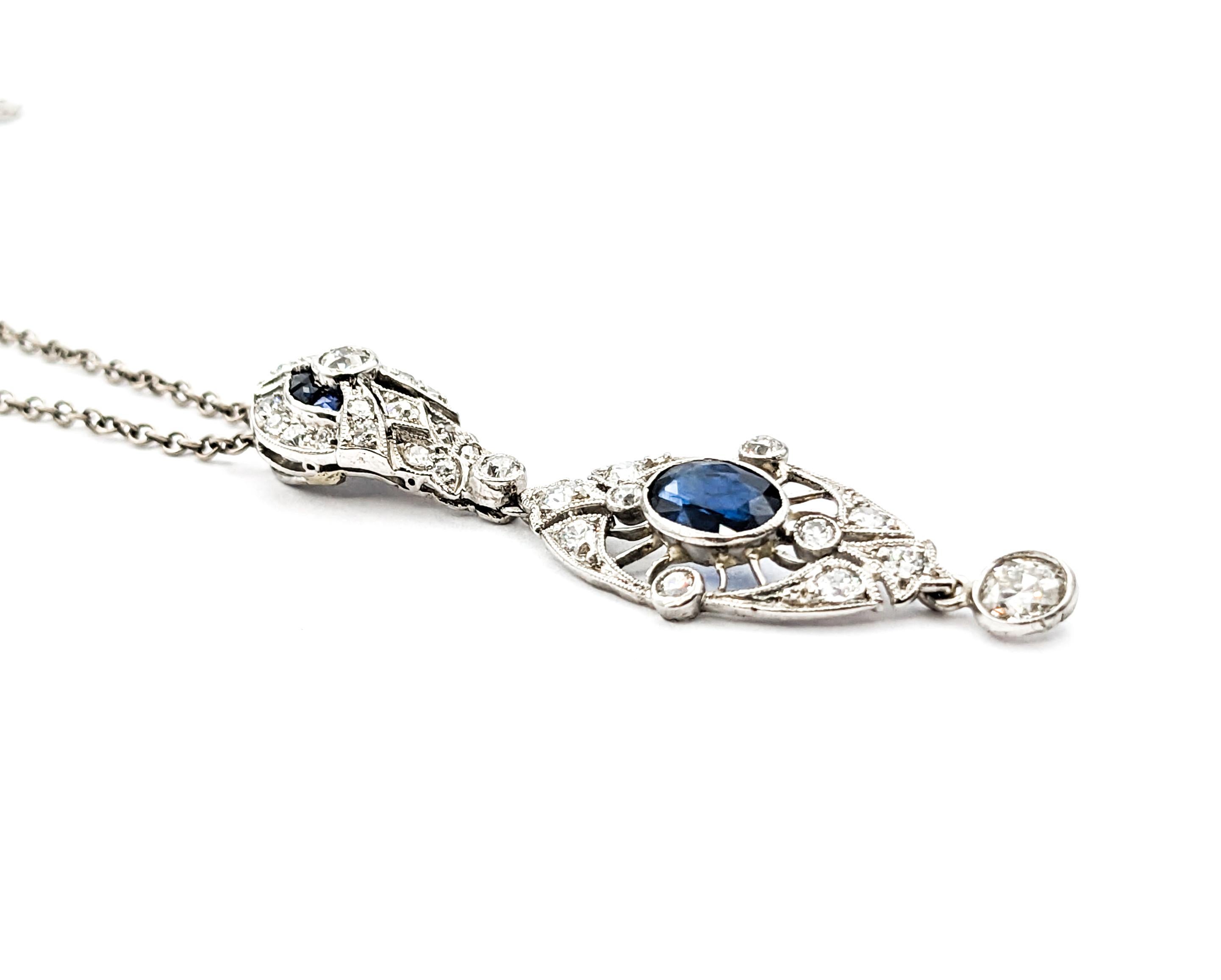 Antique Art Deco 1.15ctw Sapphire & Diamond Necklace In White Gold For Sale 4