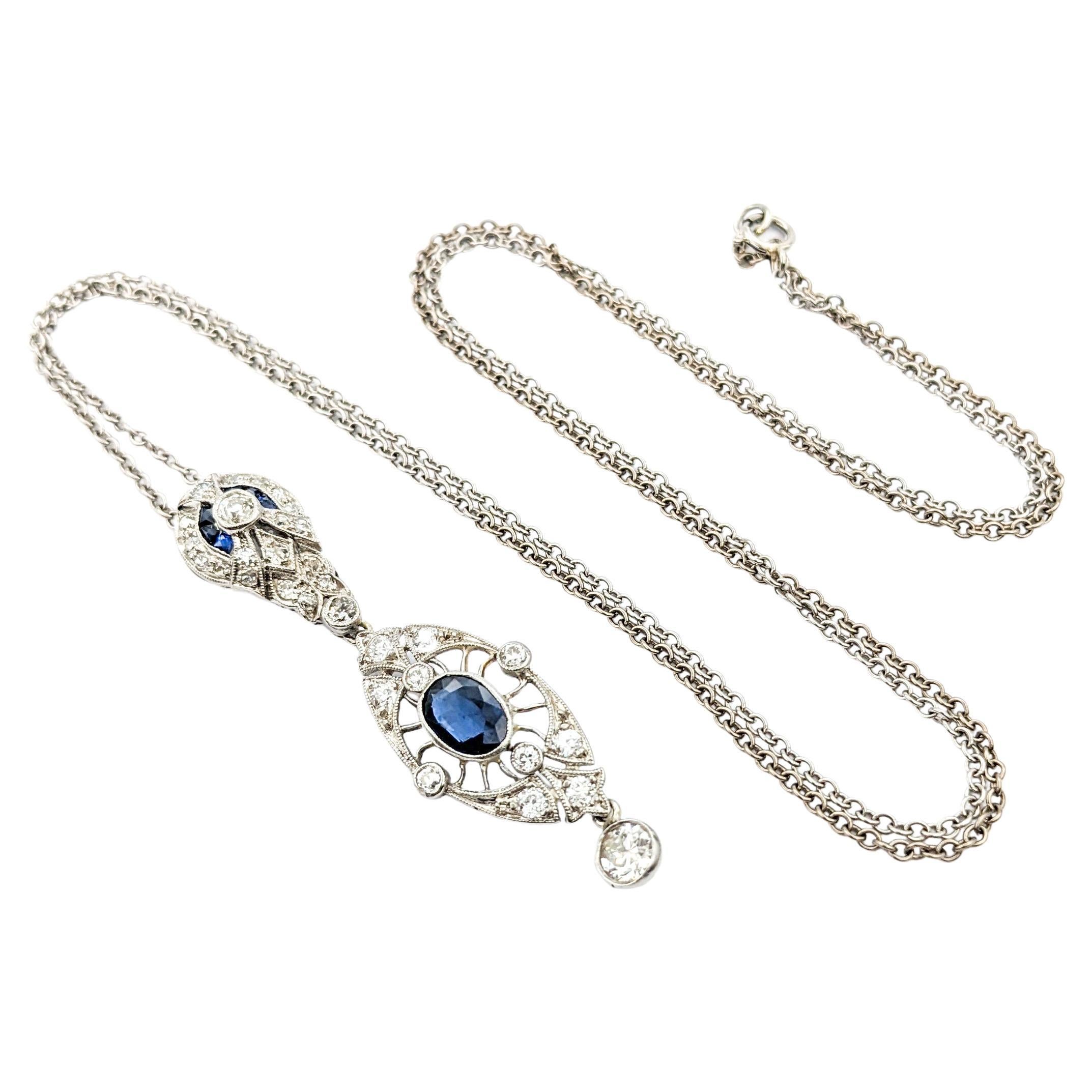 Antique Art Deco 1.15ctw Sapphire & Diamond Necklace In White Gold For Sale