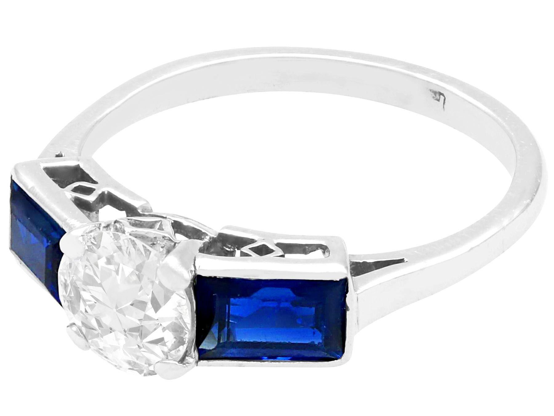 Old European Cut Antique Art Deco 1.16 Carat Sapphire and 0.76 Carat Diamond Platinum Dress Ring
