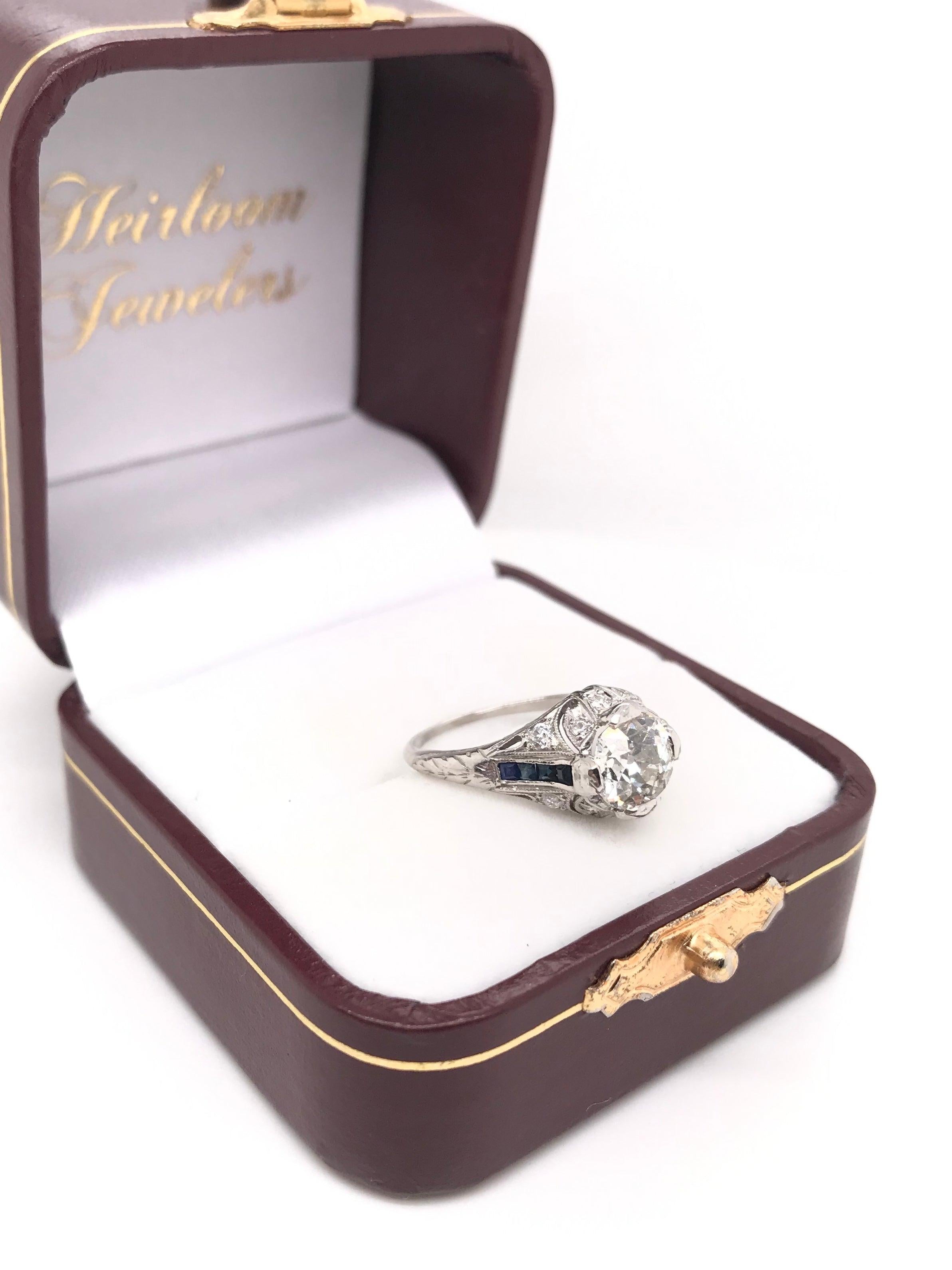 Antique Art Deco 1.25 Carat Diamond & Sapphire Filigree Solitaire Platinum Ring For Sale 6