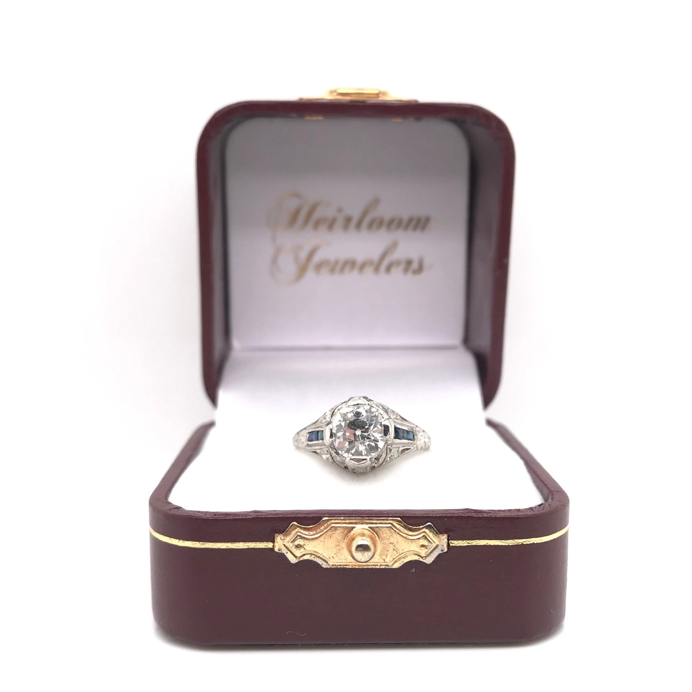 Antique Art Deco 1.25 Carat Diamond & Sapphire Filigree Solitaire Platinum Ring For Sale 7