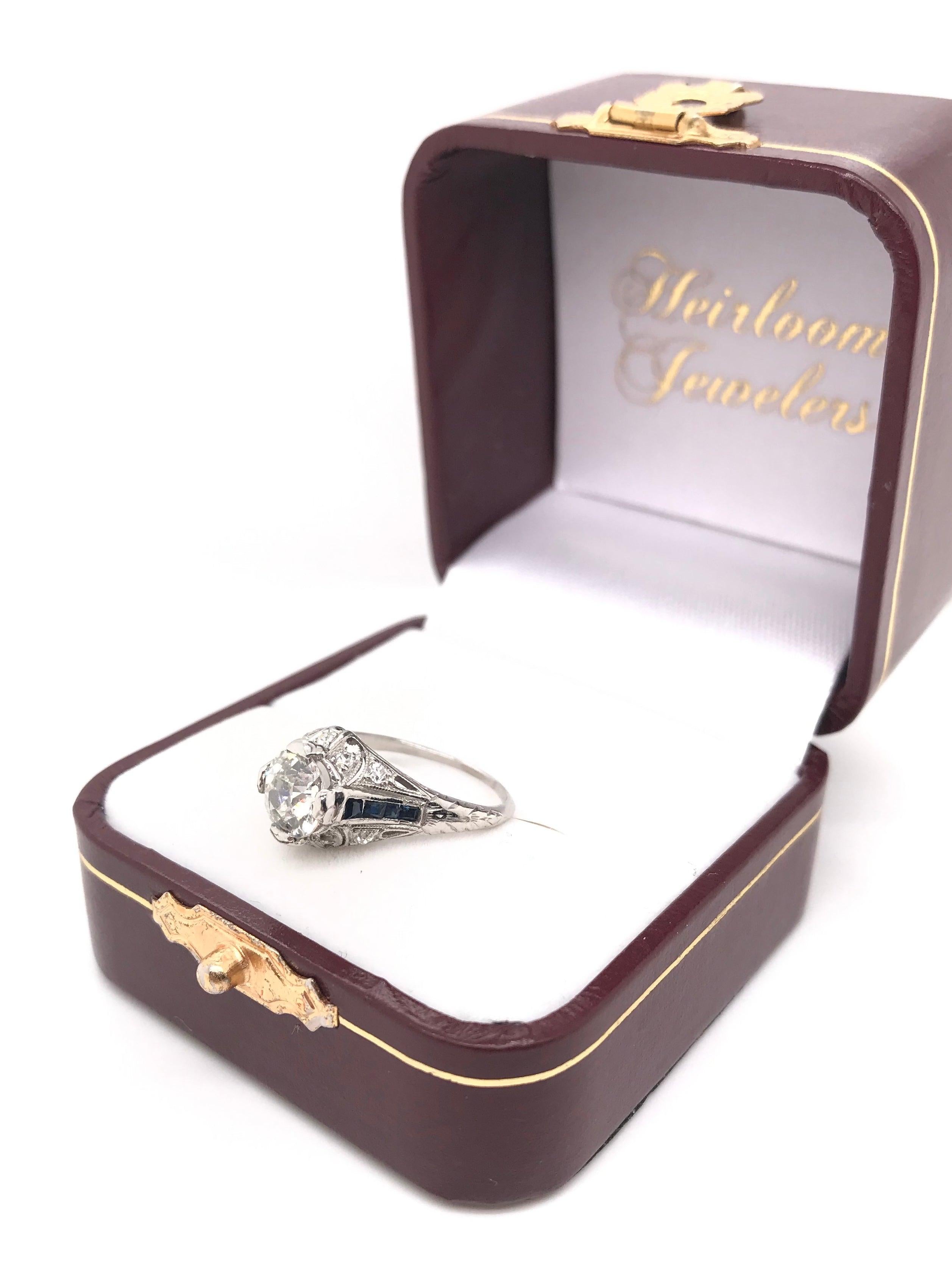 Antique Art Deco 1.25 Carat Diamond & Sapphire Filigree Solitaire Platinum Ring For Sale 8