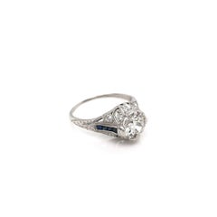 Antique Art Deco 1.25 Carat Diamond & Sapphire Filigree Solitaire Platinum Ring
