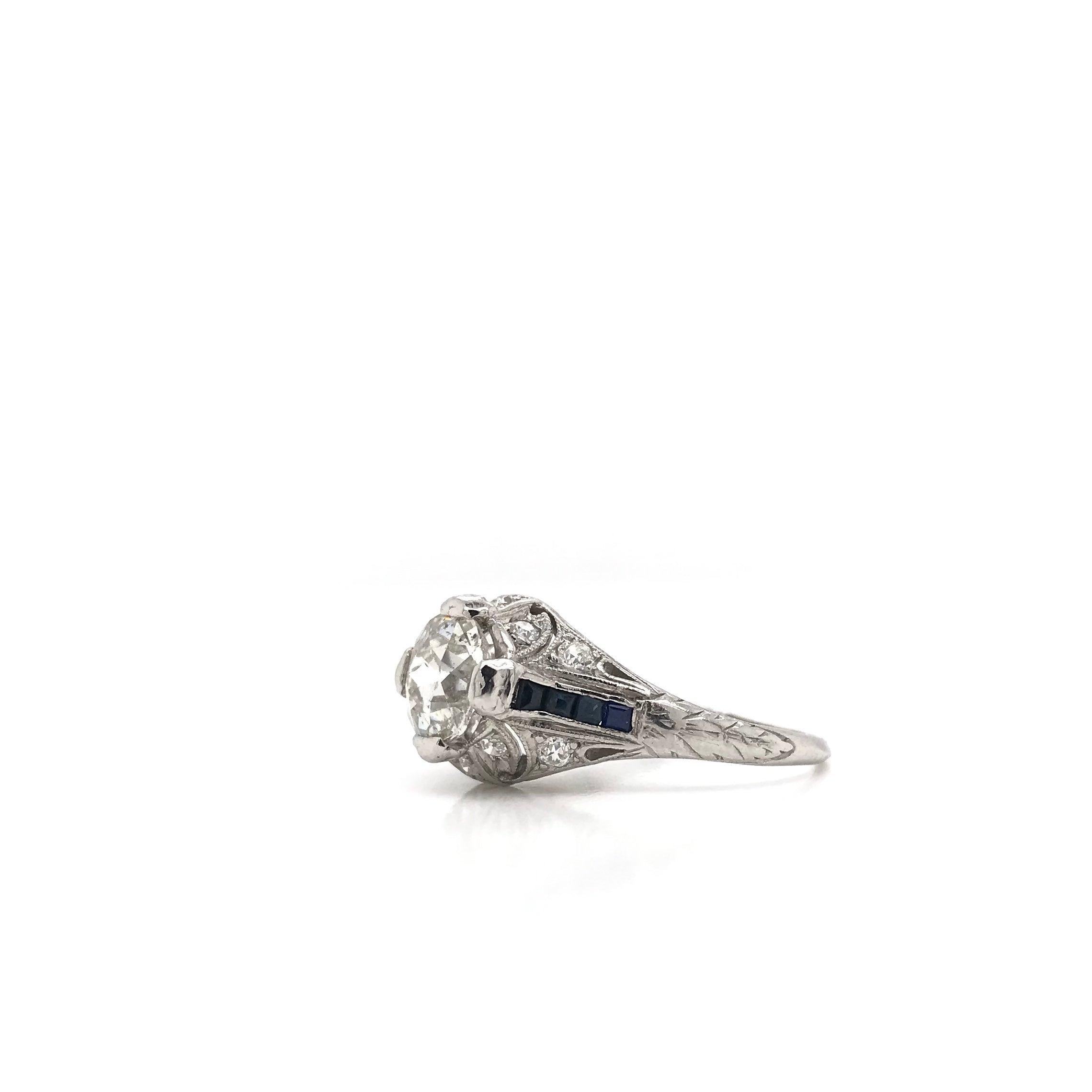 Old European Cut Antique Art Deco 1.25 Carat Diamond & Sapphire Filigree Solitaire Platinum Ring For Sale