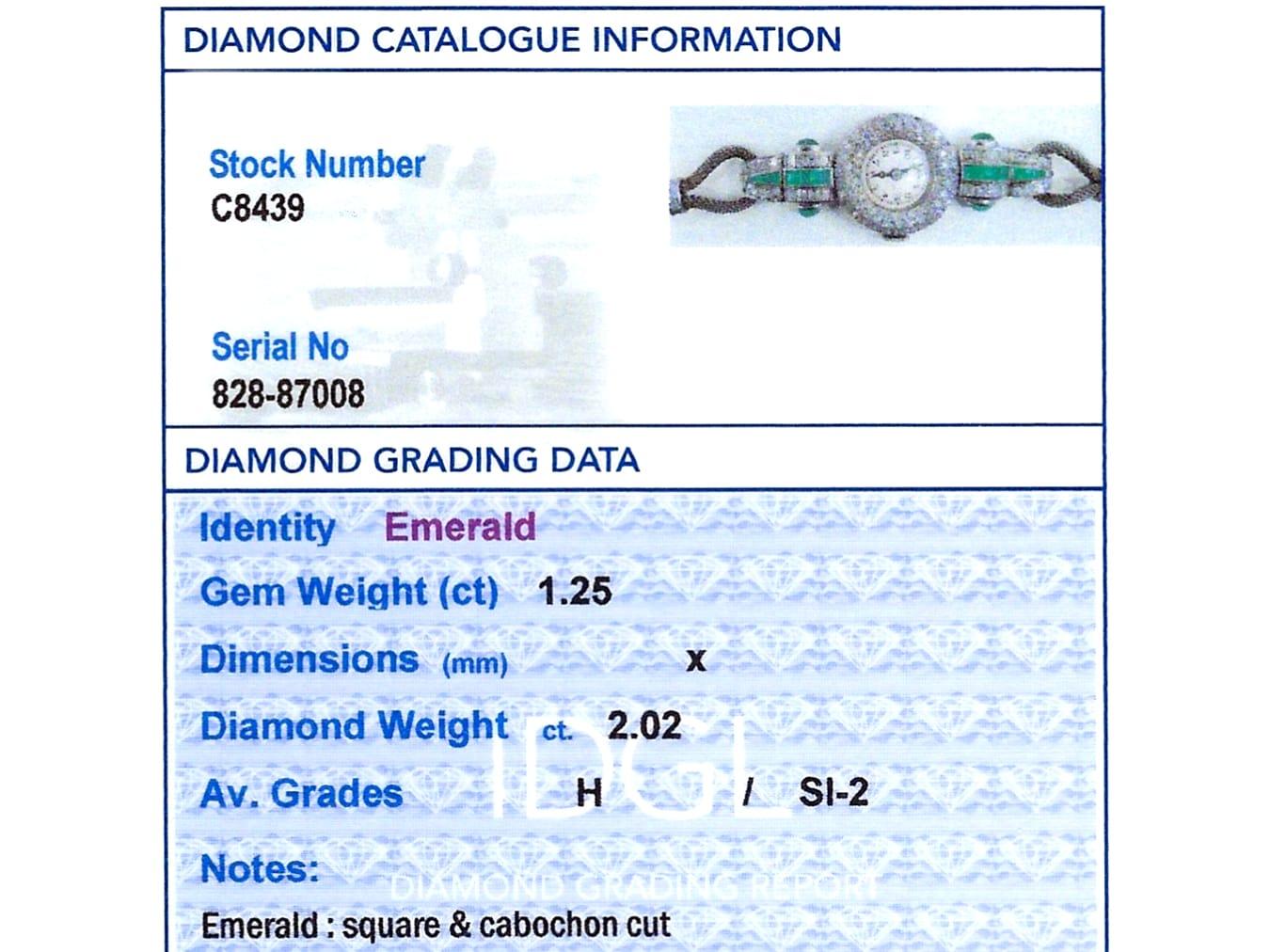 Antique Art Deco 1.25 Carat Emerald 2.02 Carats Diamond Watch in Platinum 8