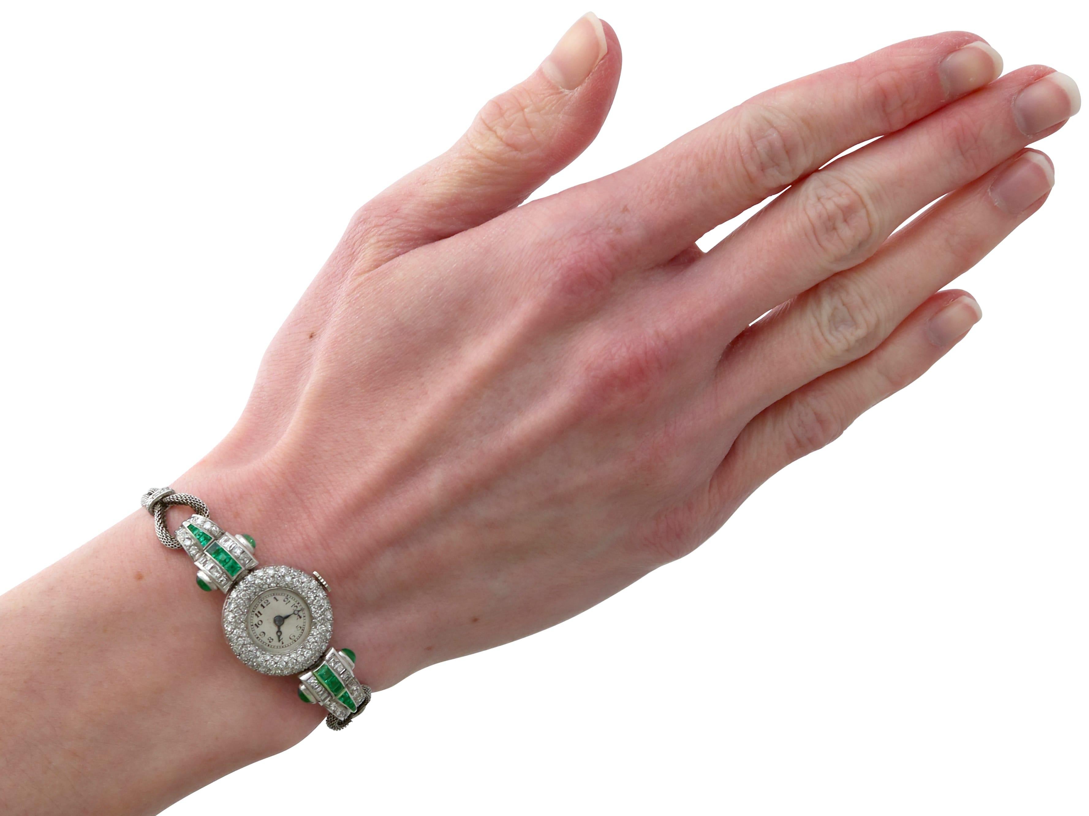 Antique Art Deco 1.25 Carat Emerald 2.02 Carats Diamond Watch in Platinum 9