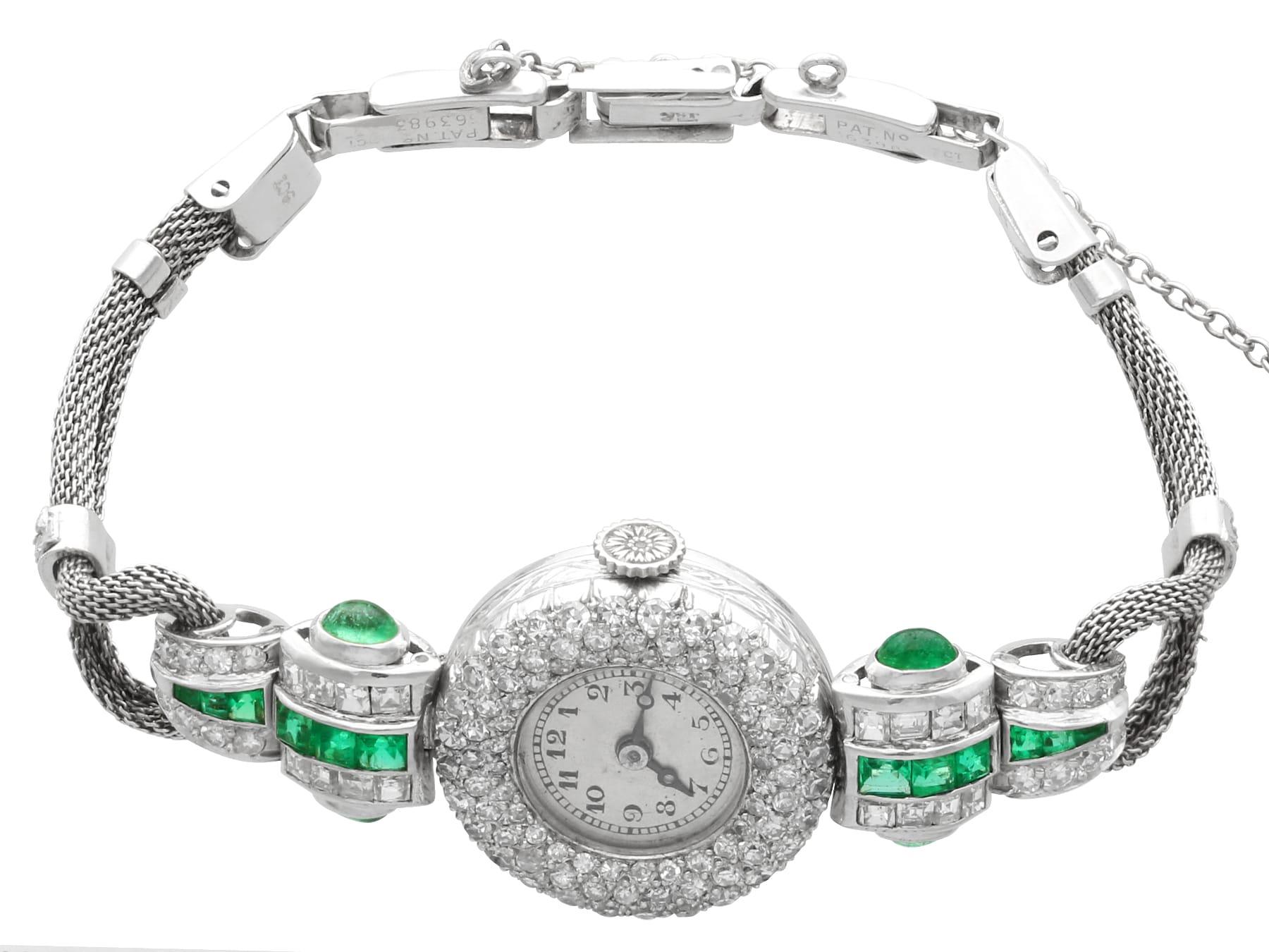 Cabochon Antique Art Deco 1.25 Carat Emerald 2.02 Carats Diamond Watch in Platinum