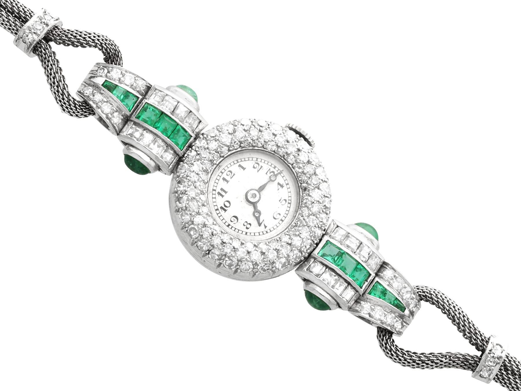 Antique Art Deco 1.25 Carat Emerald 2.02 Carats Diamond Watch in Platinum In Excellent Condition In Jesmond, Newcastle Upon Tyne